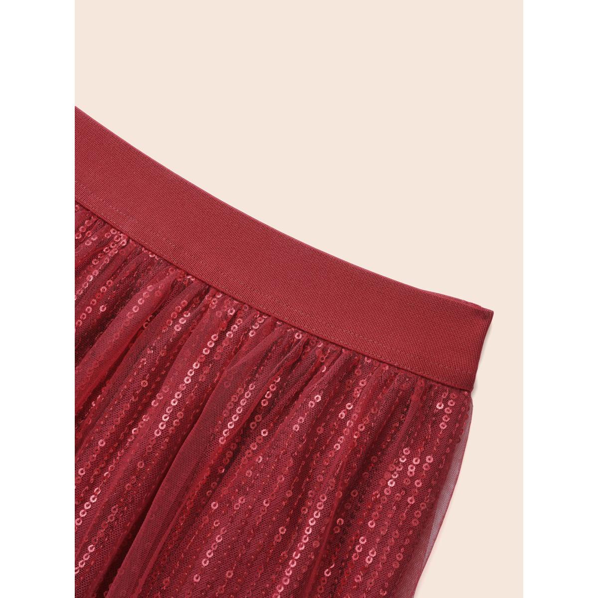 Plus Size Sequin Mesh Elastic Waist Midi Skirt Women Scarlet Formal Tiered Loose No stretch Party Skirts BloomChic 10/M Product Image