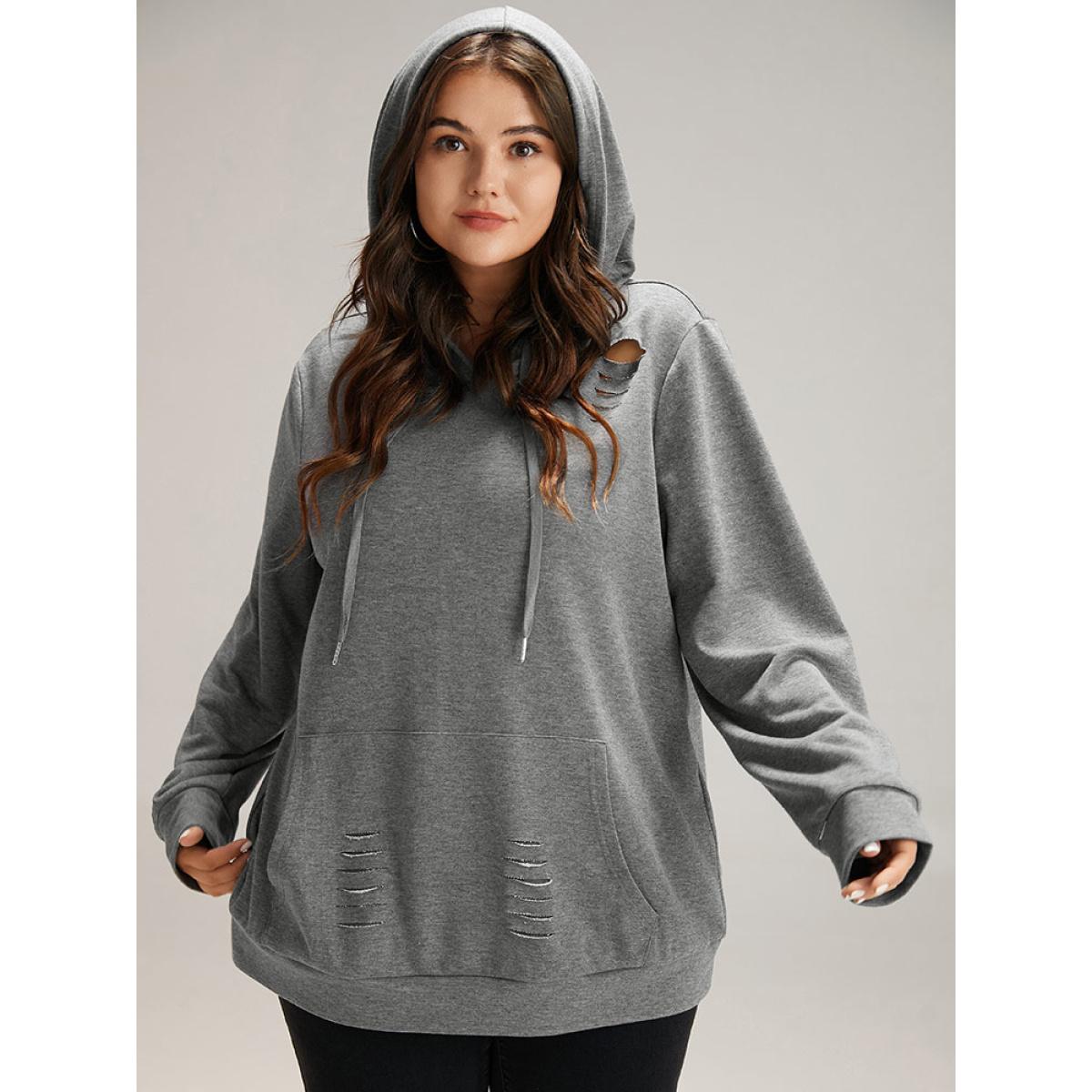 Plus Size Plain Distressed Hooded Drawstring Sweatshirt Women DimGray Casual Elastic cuffs Hooded Dailywear Sweatshirts BloomChic 30/6X Product Image