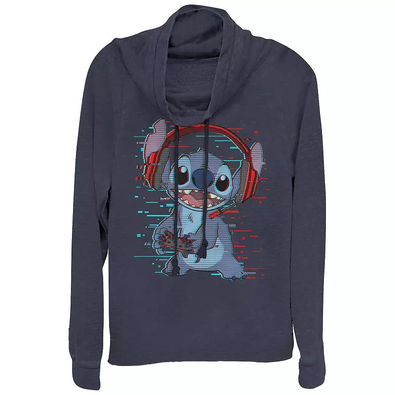 Juniors Lilo & Stitch Glitchy Gamer Stitch Cowlneck Graphic Lightweight Long Sleeve, Girls Blue Product Image