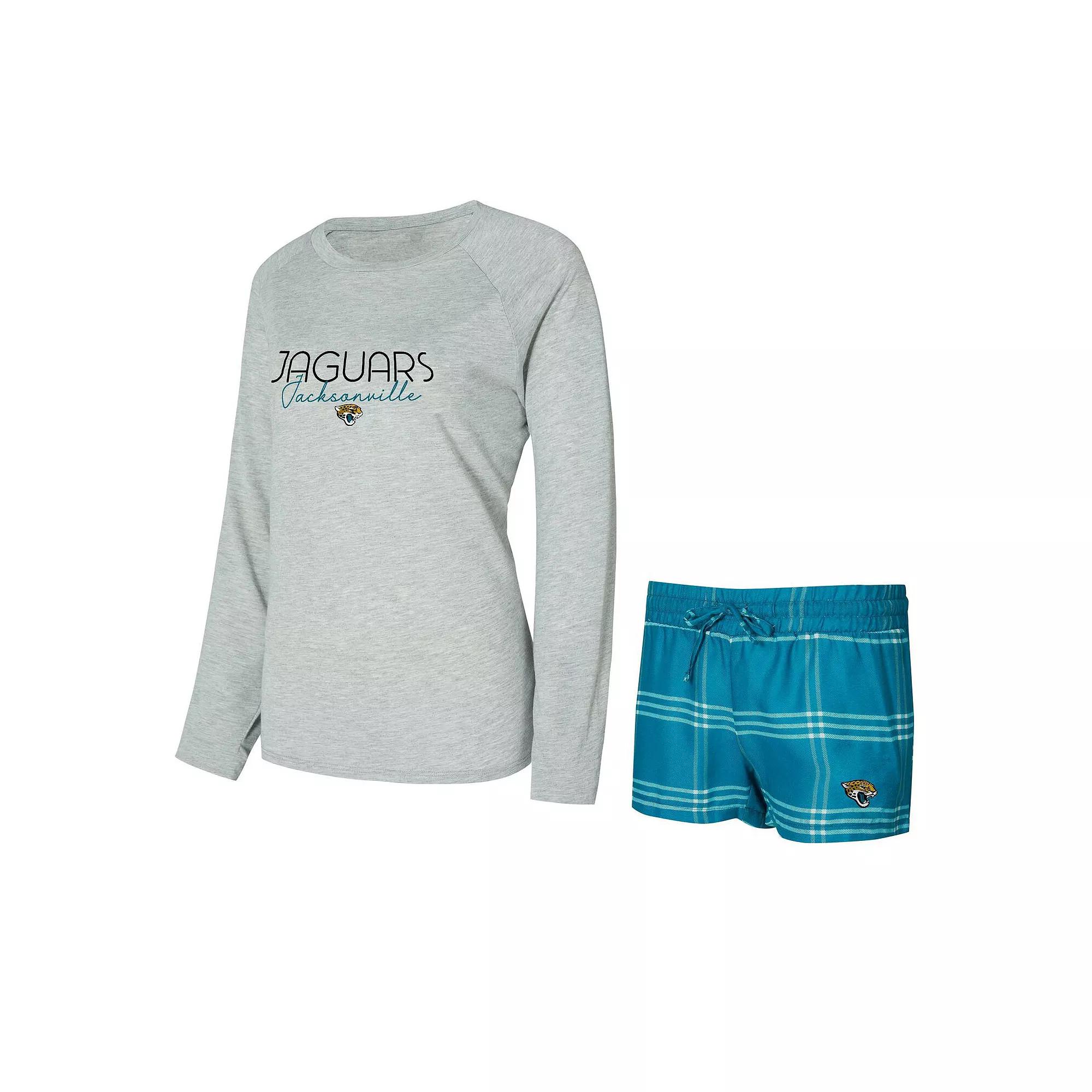 Women's Concepts Sport Teal/Gray Jacksonville Jaguars Petition Raglan Long Sleeve T-Shirt and Shorts Set,  Product Image