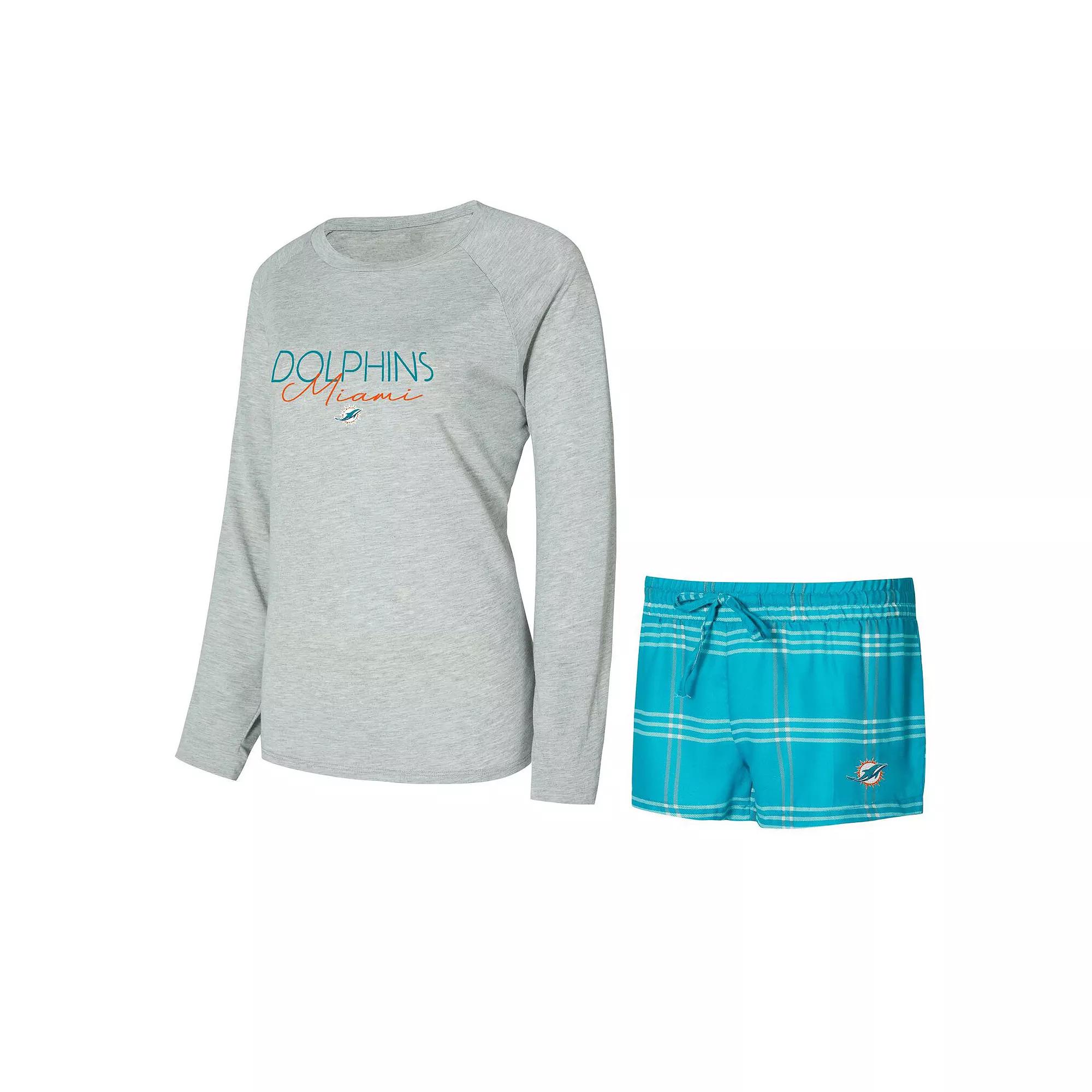 Women's Concepts Sport Aqua/Gray Miami Dolphins Petition Raglan Long Sleeve T-Shirt and Shorts Set, Size: XL, Turquoise A Product Image