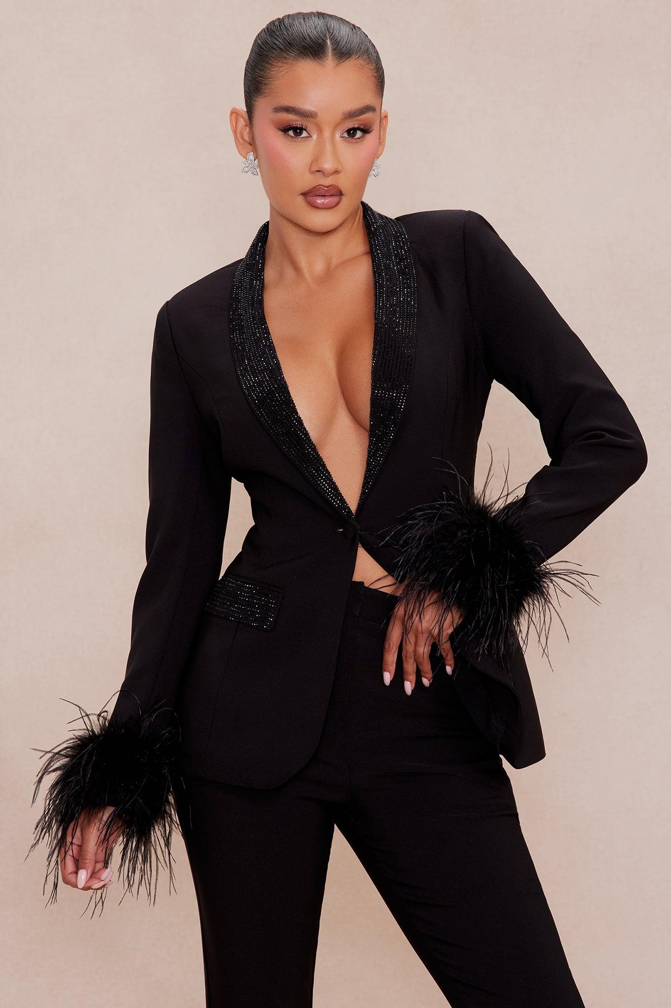 Clarissa Embellished Feather Blazer Suit Set - Black Product Image