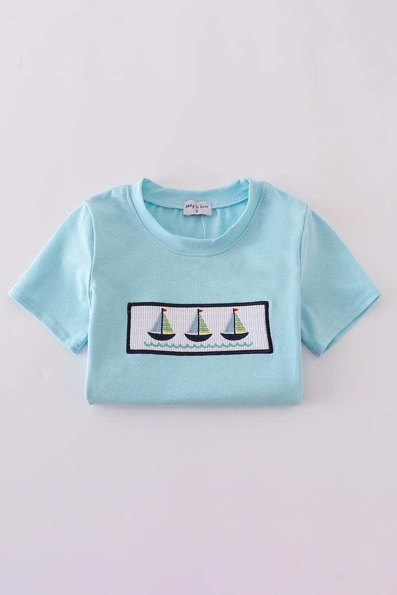 Blue sailboats embroidery smocked shorts set Product Image