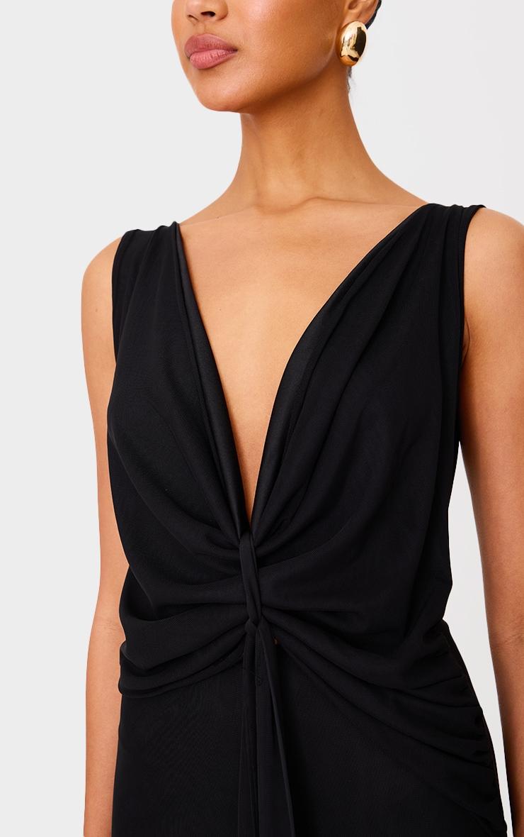 Black Mesh Overlay Draped Knot Detail Maxi Dress Product Image
