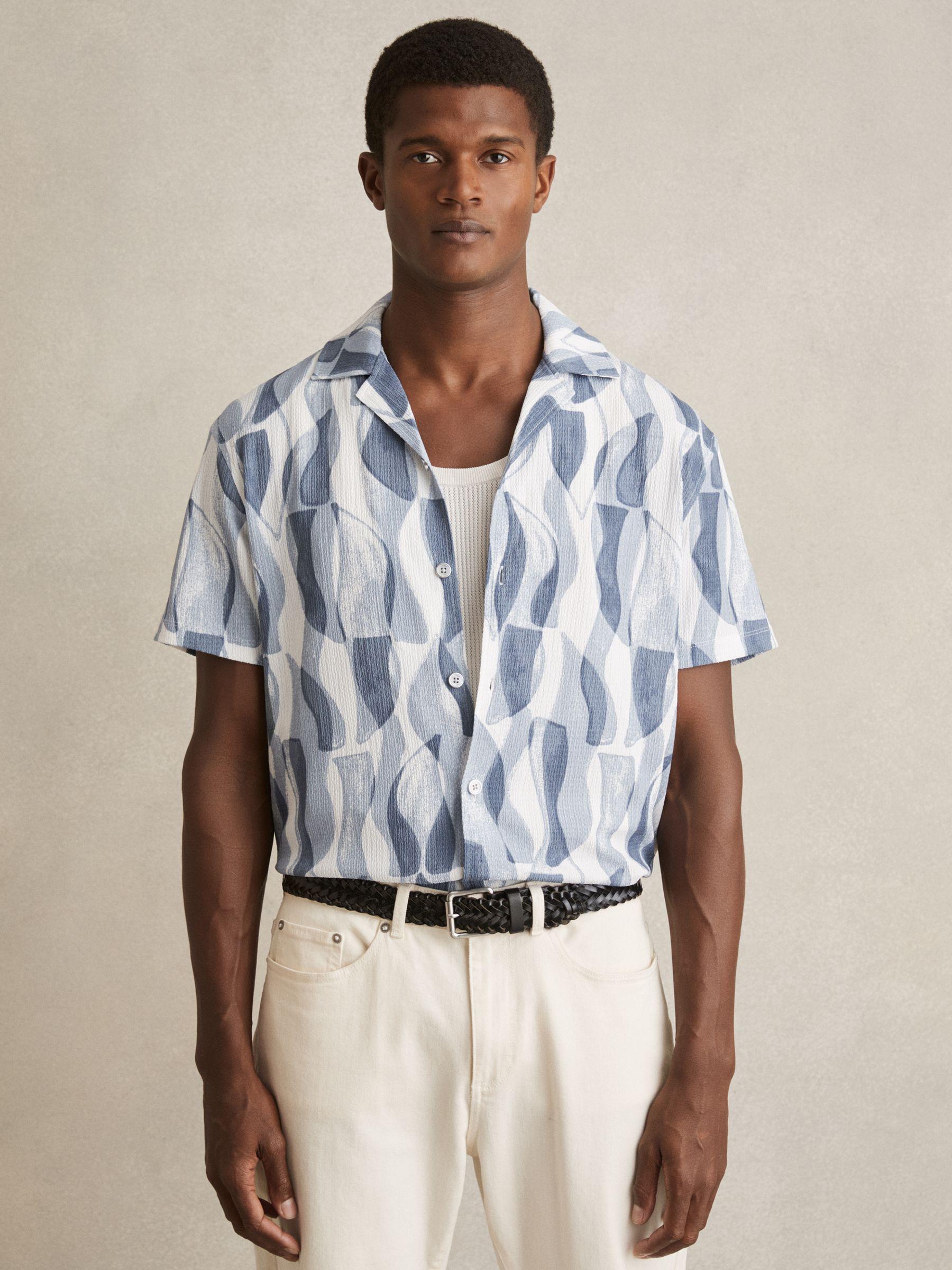 Printed Textured Cuban Collar Shirt in Soft Blue Product Image