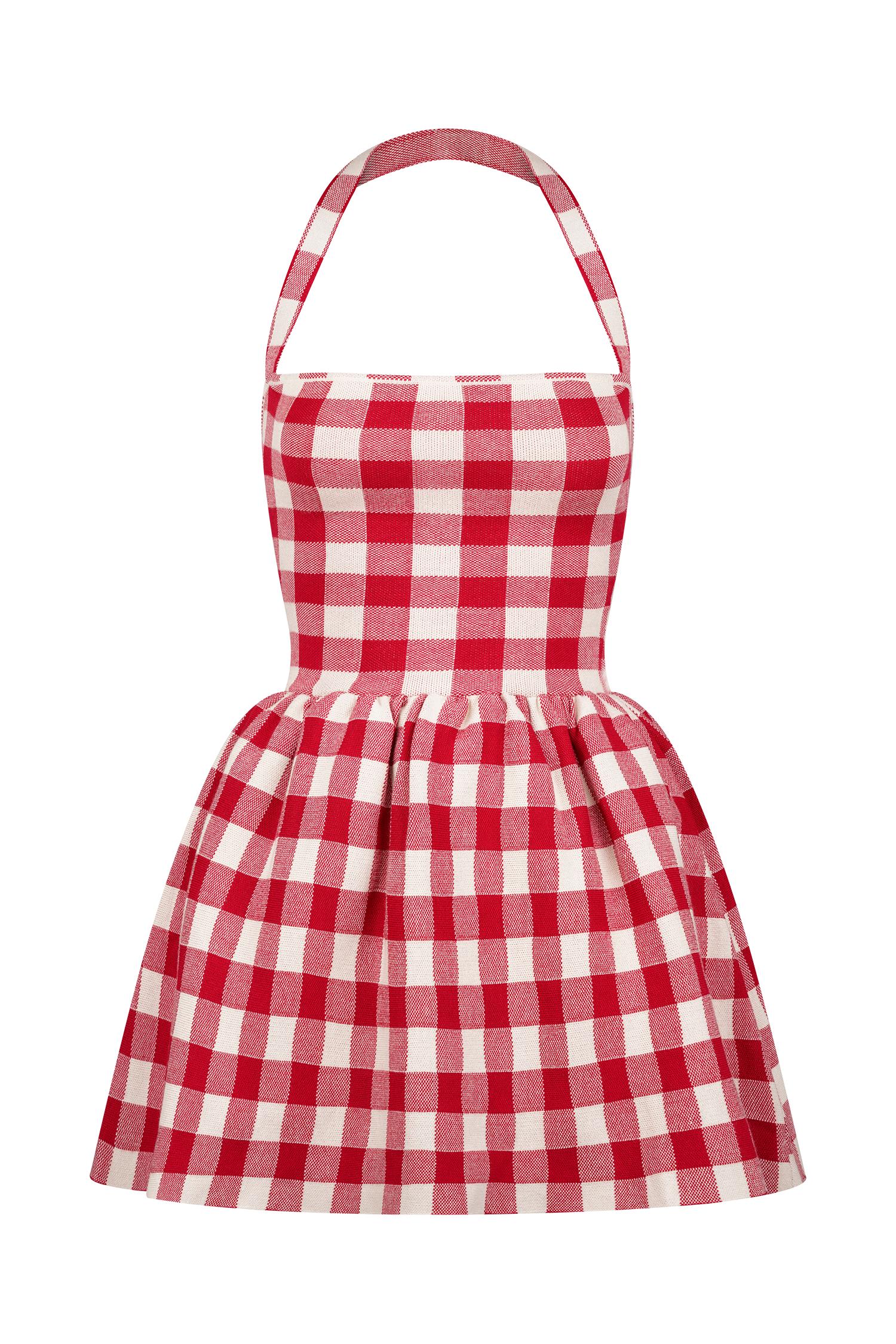 Lindsay Halter Knit Mini Dress - Red Gingham Product Image