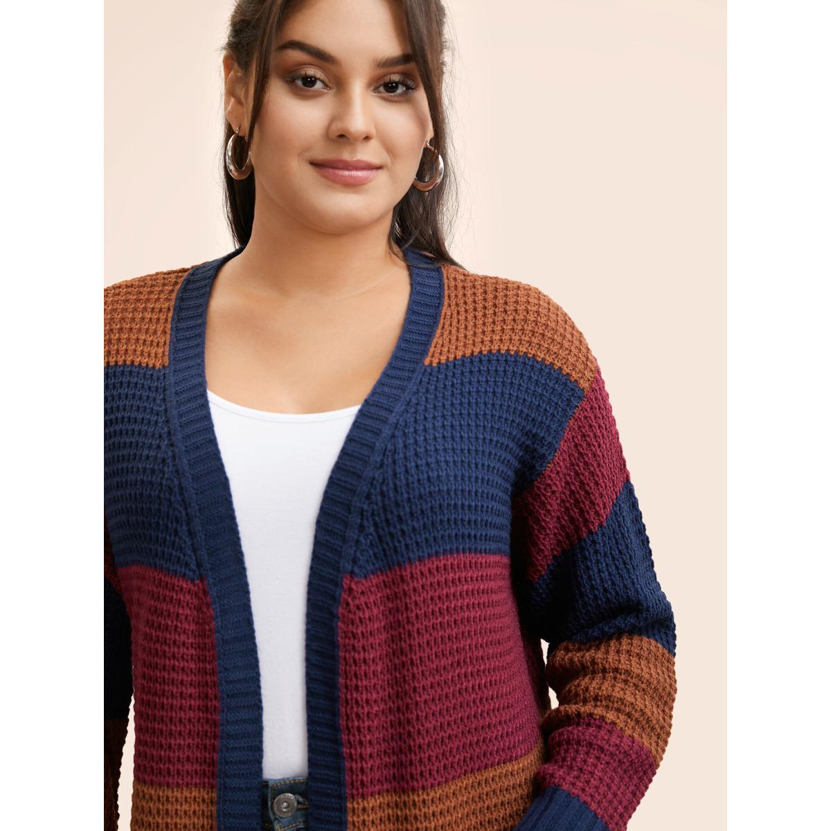 Plus Size Colorblock Contrast Patch Pocket Cardigan Multicolor Women Casual Loose Long Sleeve Everyday Cardigans BloomChic 12/L Product Image