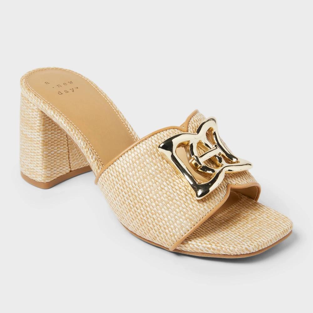 Women's Arden Raffia Ornamented Block Heels with Memory Foam Insole - A New Day™ Tan 8.5: Slip-On Open Toe Pumps Product Image