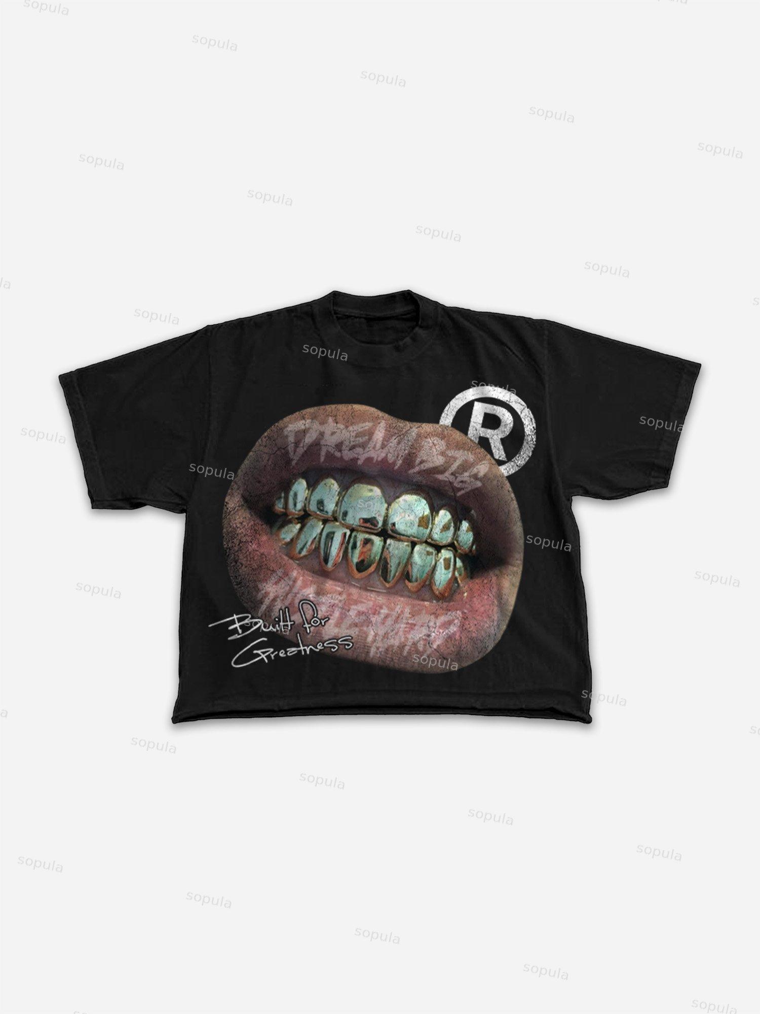Street Metal Braces Vintage Lips Graphic Cropped T-shirt Product Image