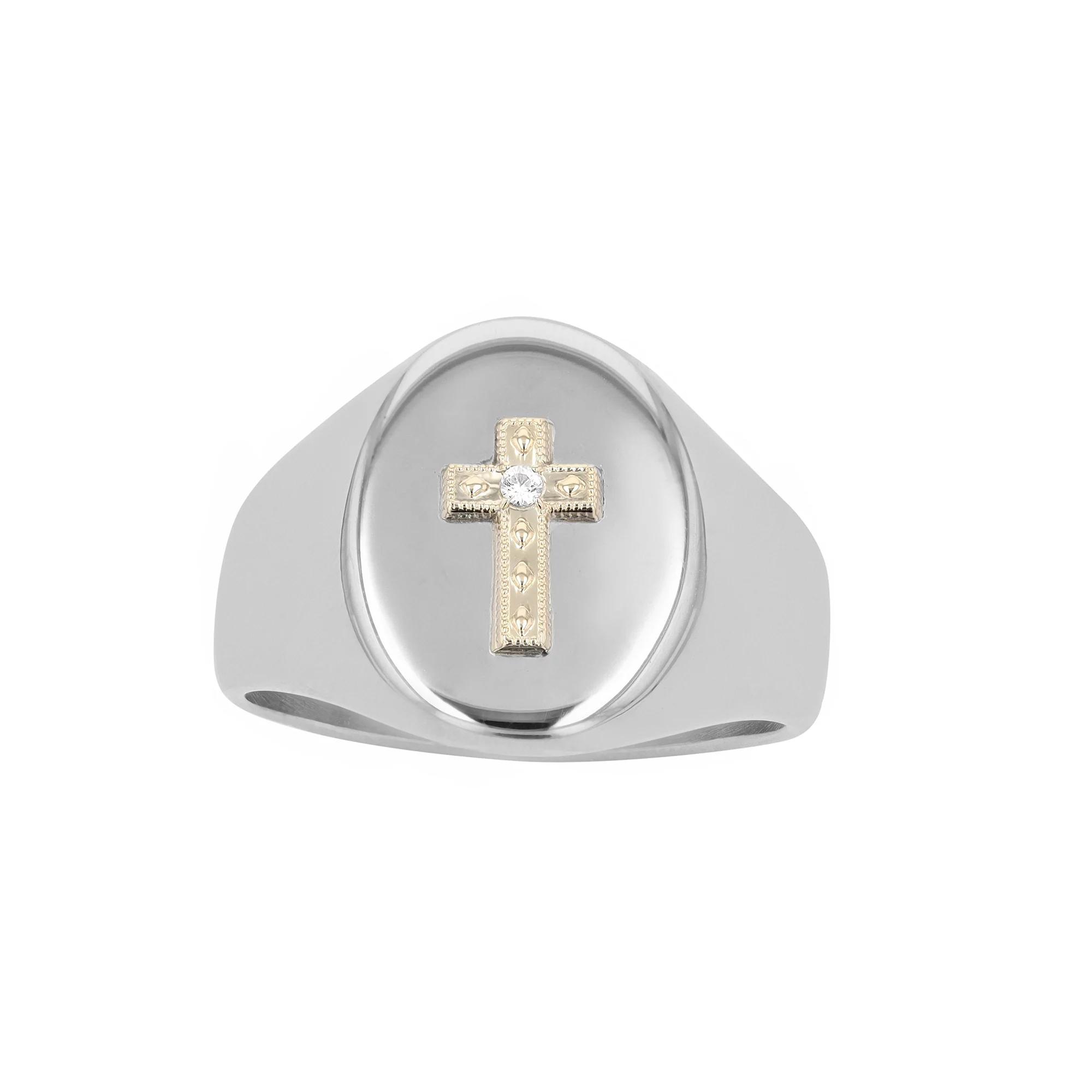 Kristen Kesho 14k Gold and Lab Created Sapphire Signet Cross on Stainless Steel Ring, Mens White Product Image