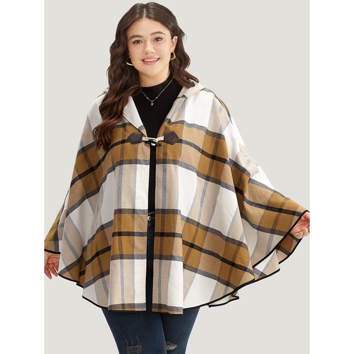 Plus Size Plaid Duffle Button Hooded Cape Coat Women Bronze Casual Button Loose Ladies Dailywear Winter Coats BloomChic 10/M Product Image