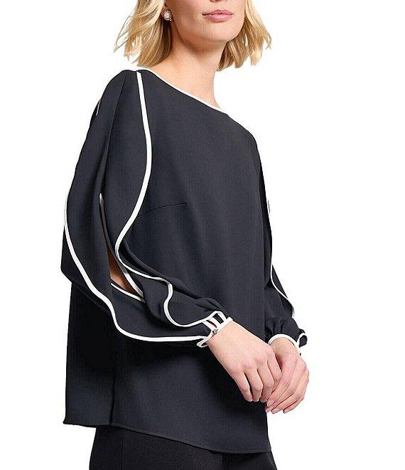 MISOOK Contrast Trim Crepe Boat Neck Butterfly Sleeve Blouse Product Image