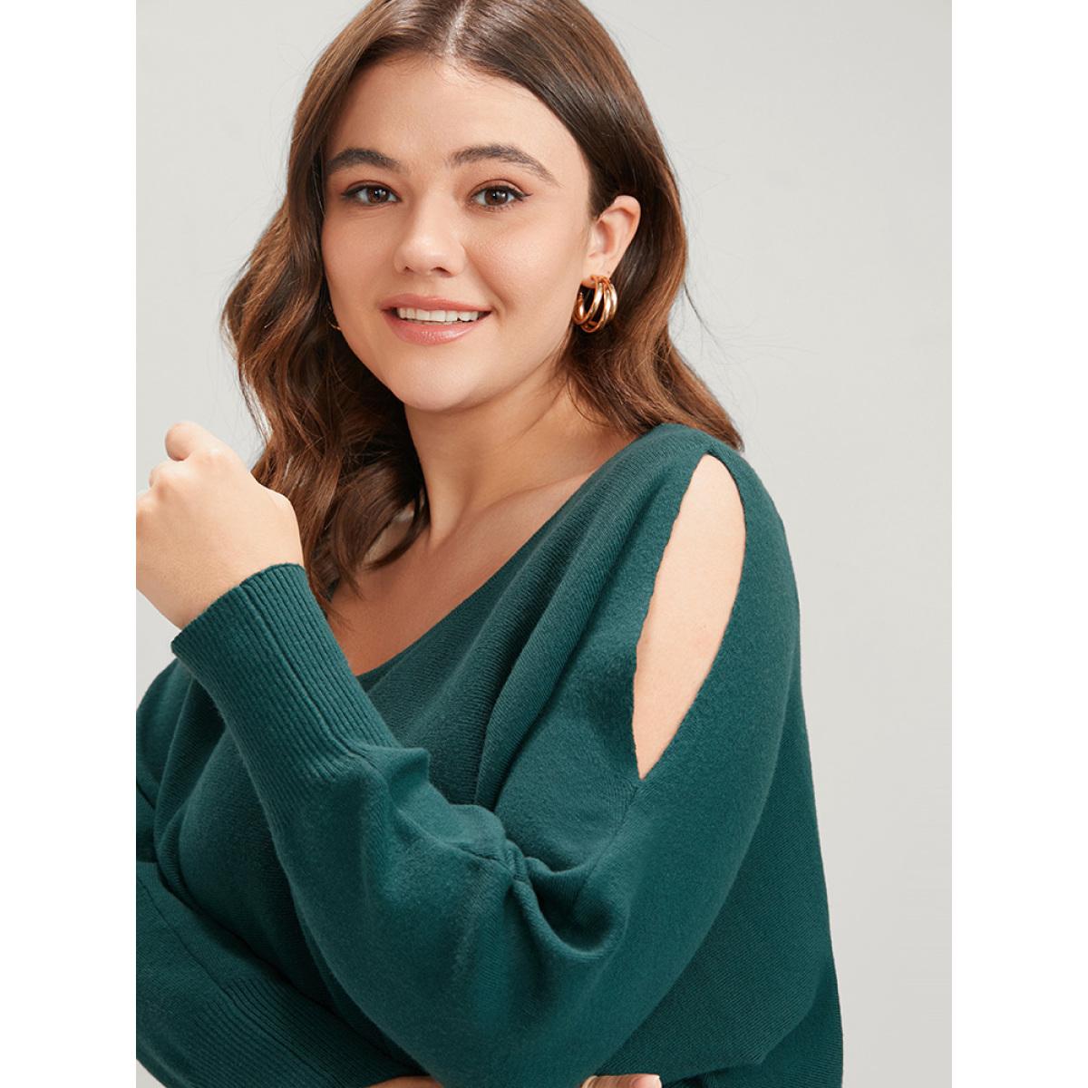 Plus Size Solid Soft Sexy Yarn Knit Dolman Sleeve Cold Shoulder Knit Top Cyan Women Elegant Loose Long Sleeve Scoop Neck Dailywear Pullovers BloomChic 18-20/2X Product Image