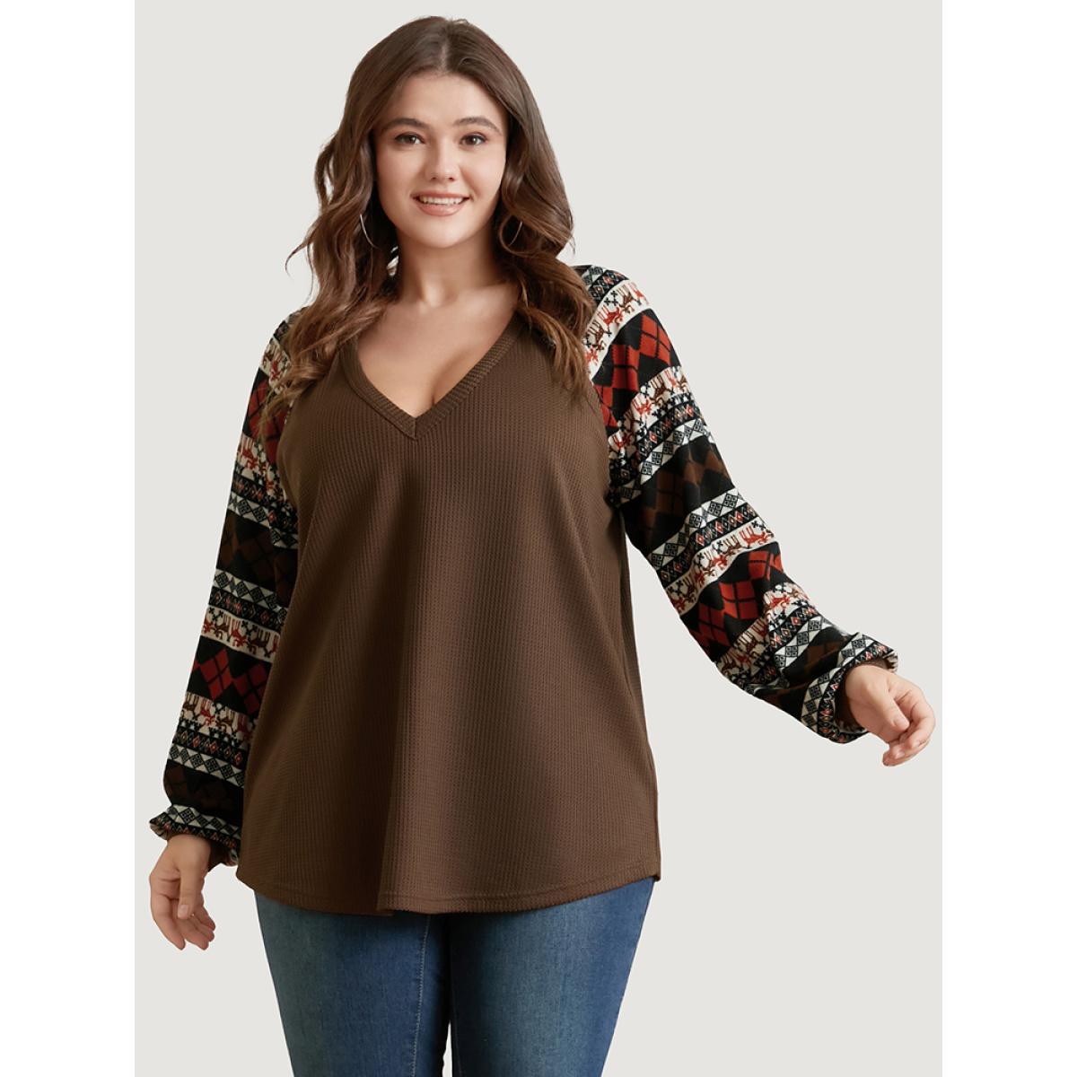 Plus Size Elk Geometric Patchwork Waffle Knit Sweatshirt Women DarkBrown Elegant Contrast V-neck Dailywear Sweatshirts BloomChic 14-16/1X Product Image