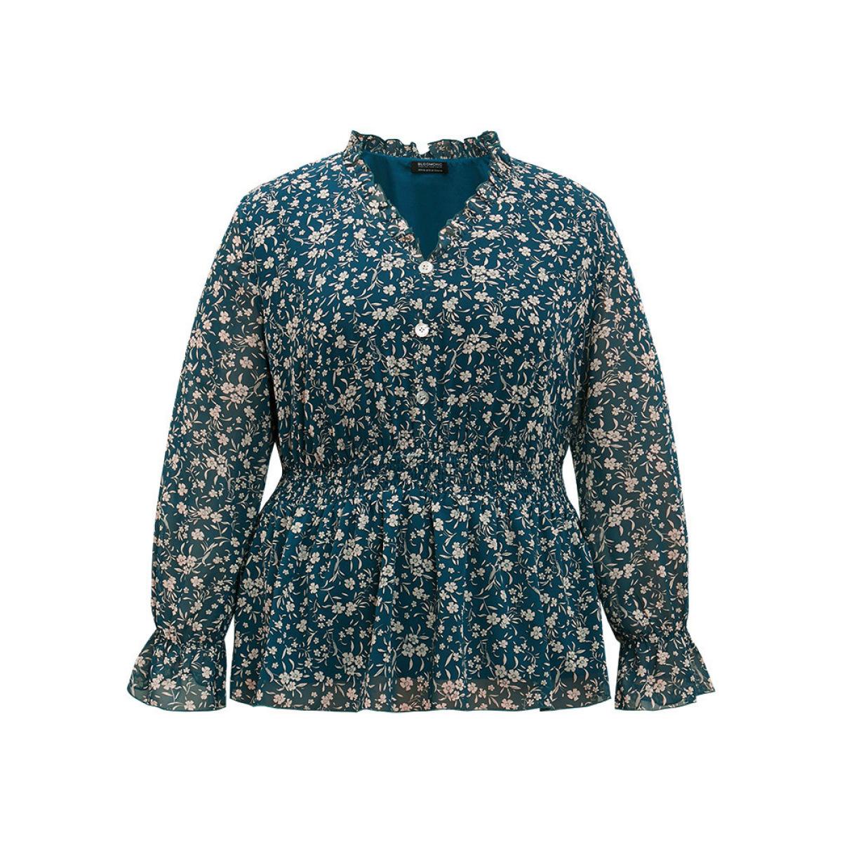 Plus Size Aegean Ditsy Floral Chiffon Shirred Ruffles Frill Trim Blouse Women Elegant Long Sleeve V-neck Dailywear Blouses BloomChic 18-20/2X Product Image