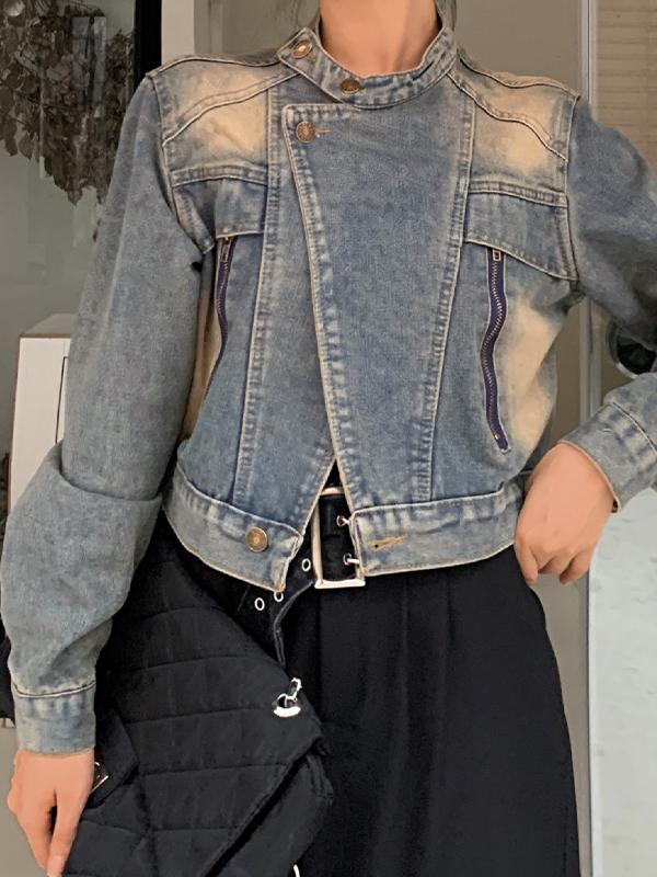 Vintage Distressed Splice Zip Up Short Denim Jacket Product Image