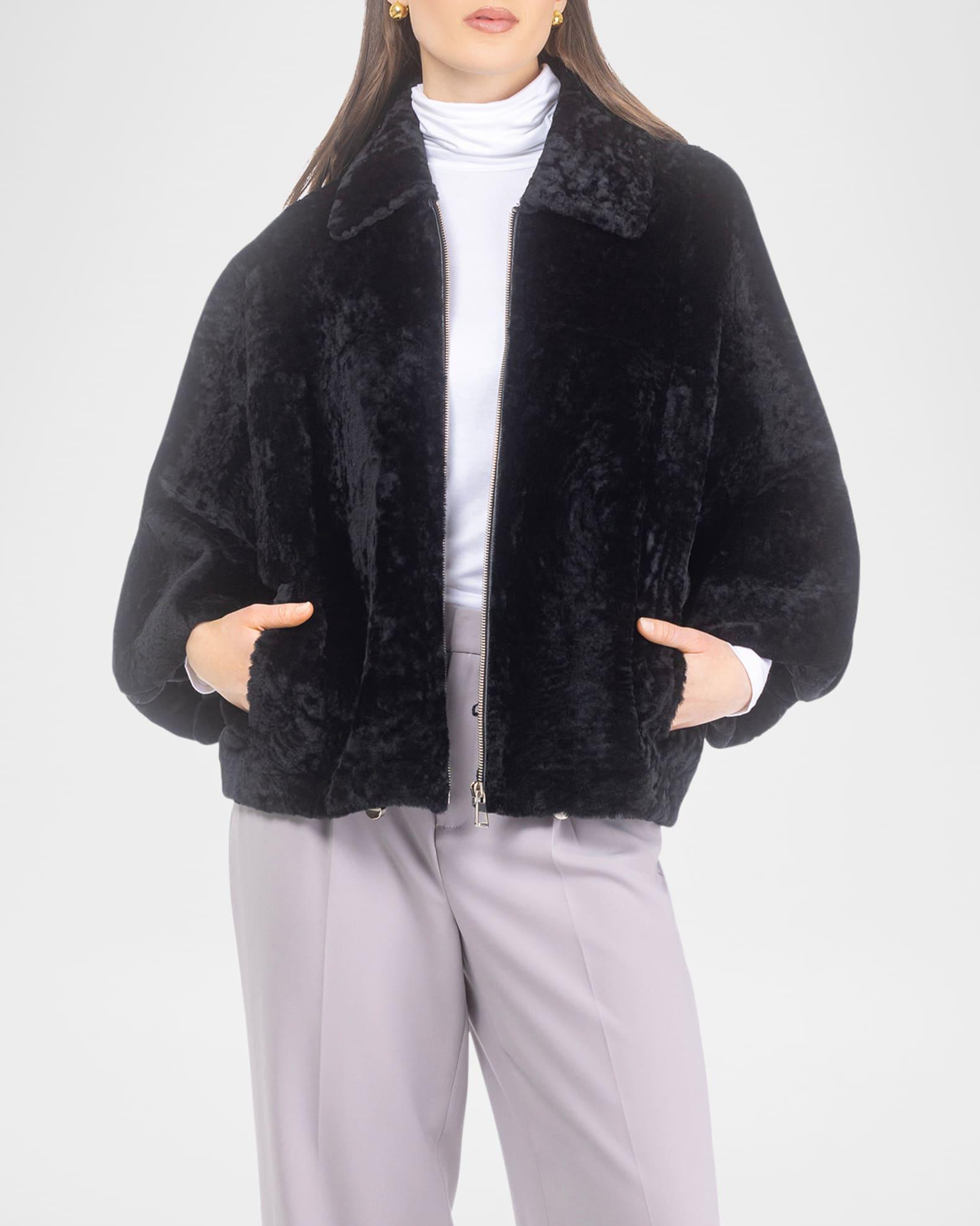 Textured Shearling Lamb Zip Jacket With Cropped Sleeves Product Image