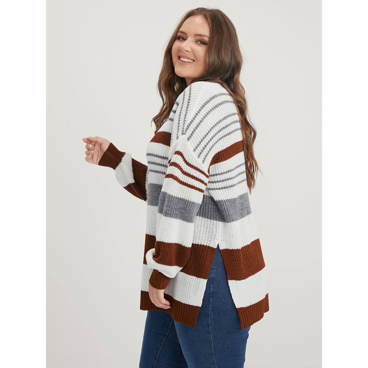 Plus Size Striped Contrast Pointelle Knit Split Hem Knit Top Multicolor Women Casual Loose Long Sleeve V-neck Dailywear Pullovers BloomChic 14-16/1X Product Image