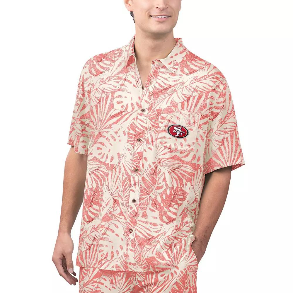 Men's Margaritaville Tan San Francisco 49ers Sand Washed Monstera Print Party Button-Up Shirt, Size: Large, Team Product Image