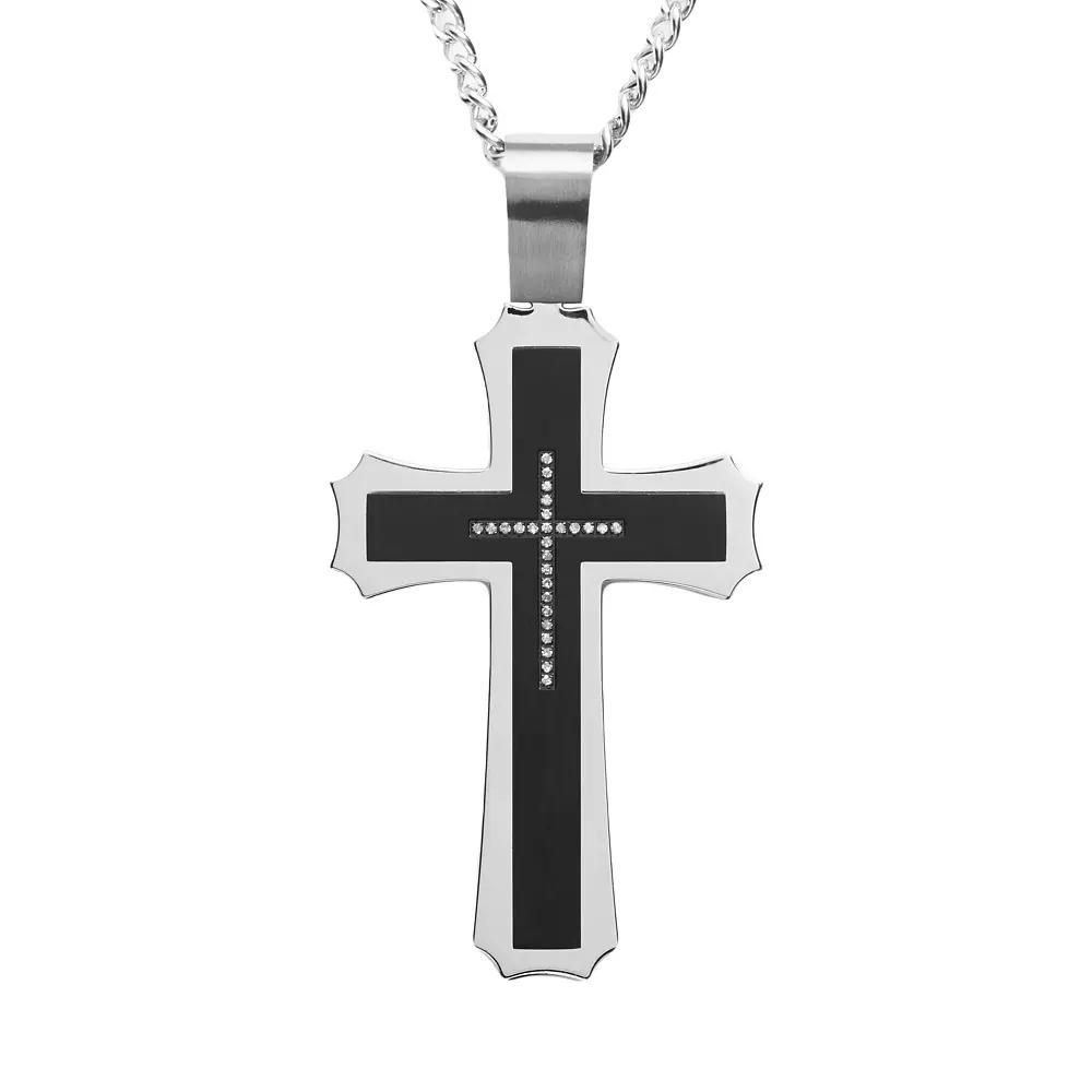 Stainless Steel and Black Immersion-Plated Stainless Steel Cubic Zirconia Cross Pendant - Men, Men's, Size: 24", Grey Product Image