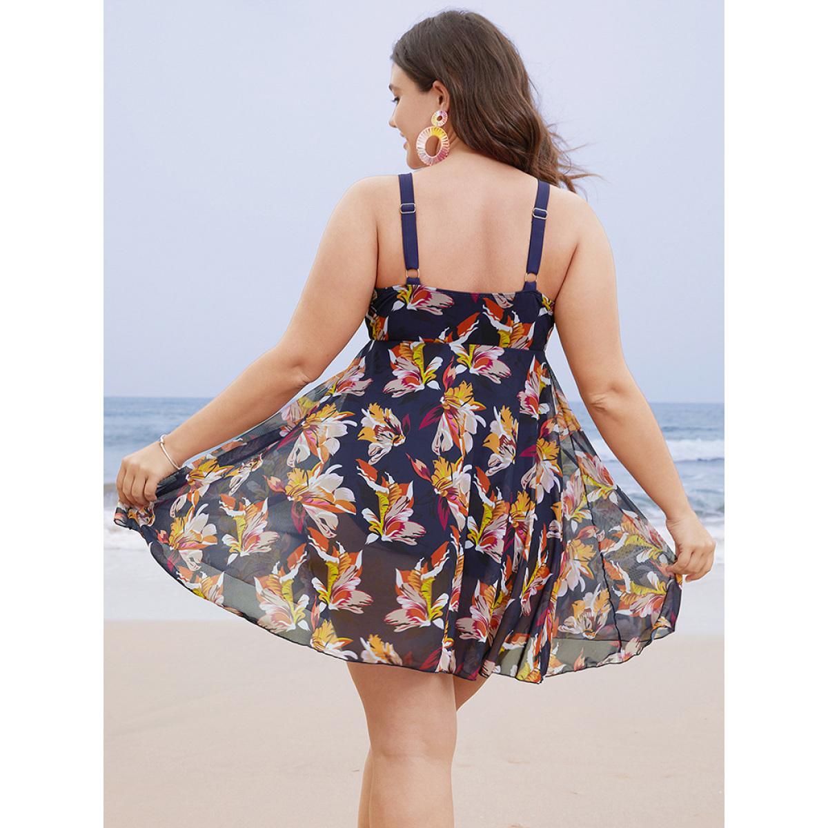 Plus Size Floral Mesh Surplice Neck Ruffles Swim Dress Women's Swimwear Indigo Vacation Bodycon V-neck High stretch Curve Swim Dresses BloomChic 26/4X Product Image