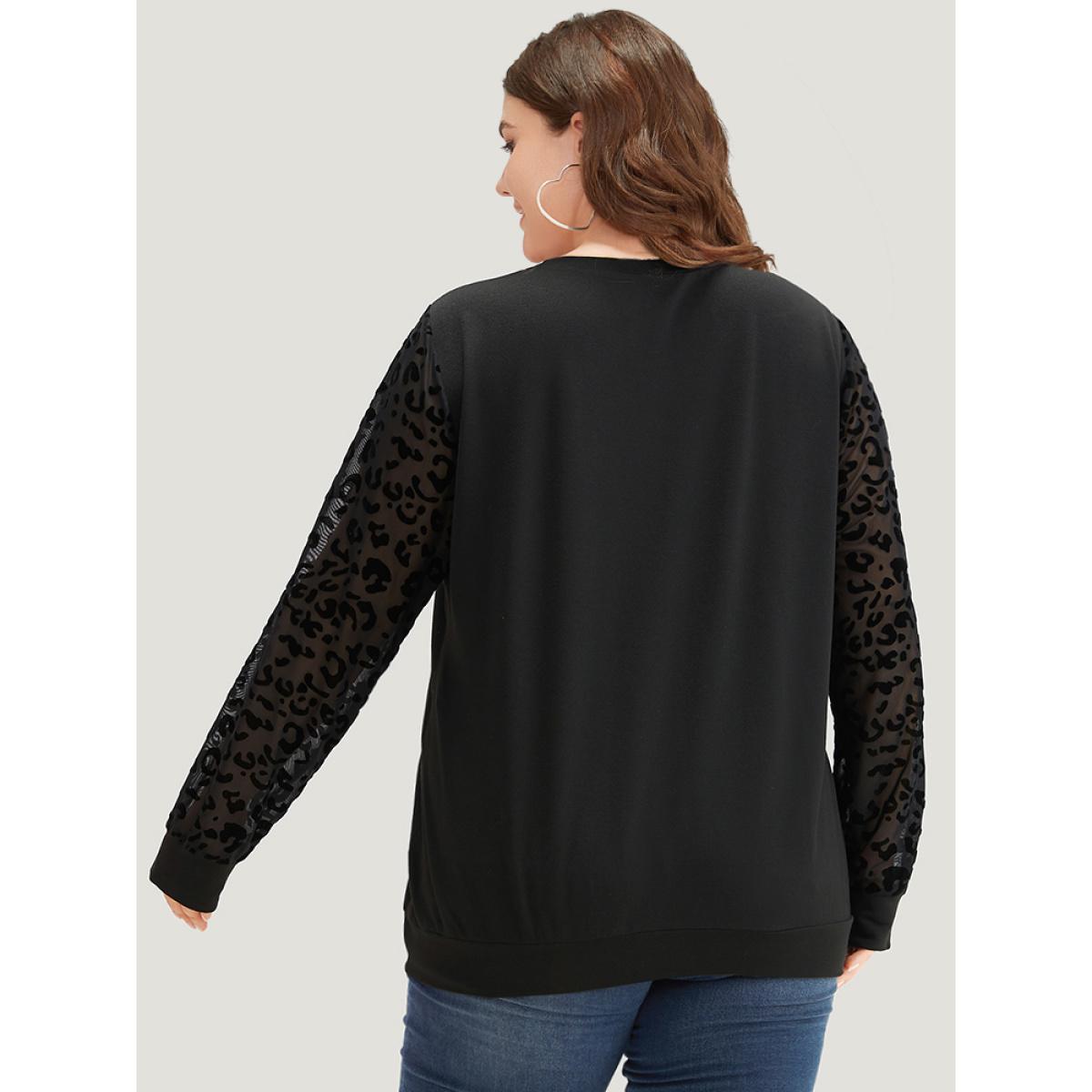 Plus Size Leopard Mesh Patchwork Round Neck Sweatshirt Women Black Elegant Elastic cuffs Round Neck Dailywear Sweatshirts BloomChic 12/L Product Image