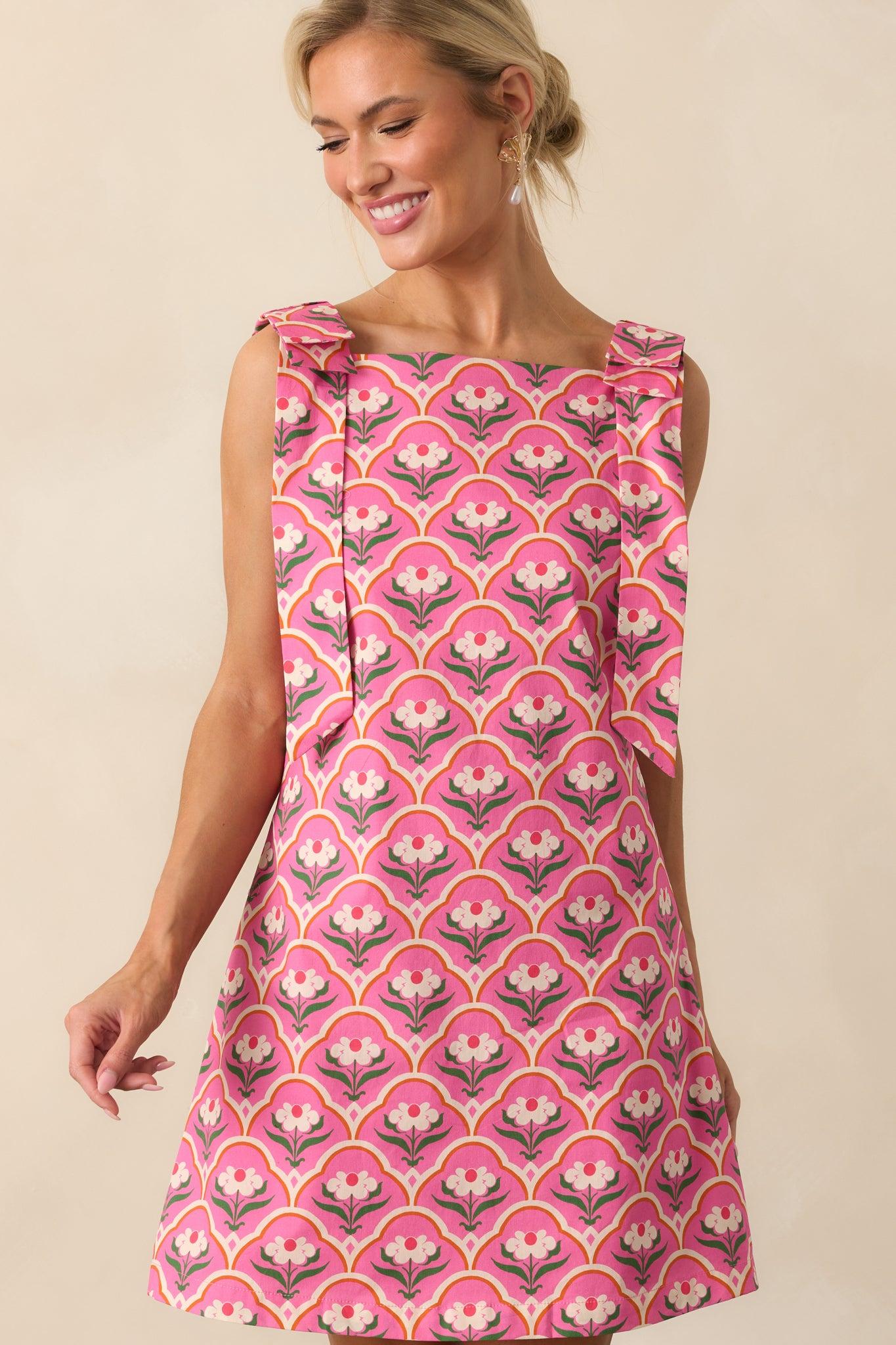 Someone So Lovely Pink Geometric Floral Print Cotton Mini Dress Product Image