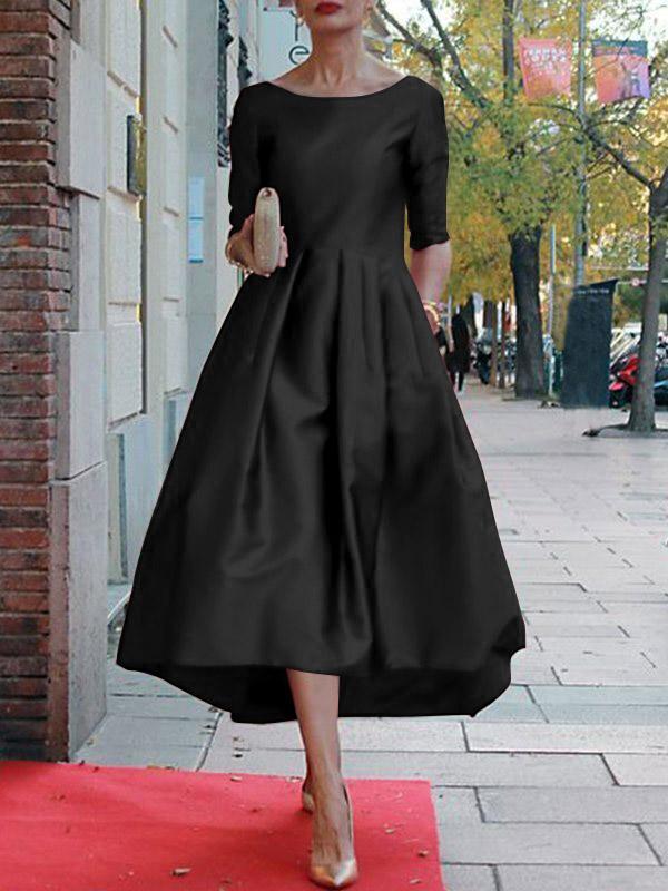 A-Line Loose Pleated Pockets Solid Color Split-Joint Round-Neck Midi Dresses Product Image