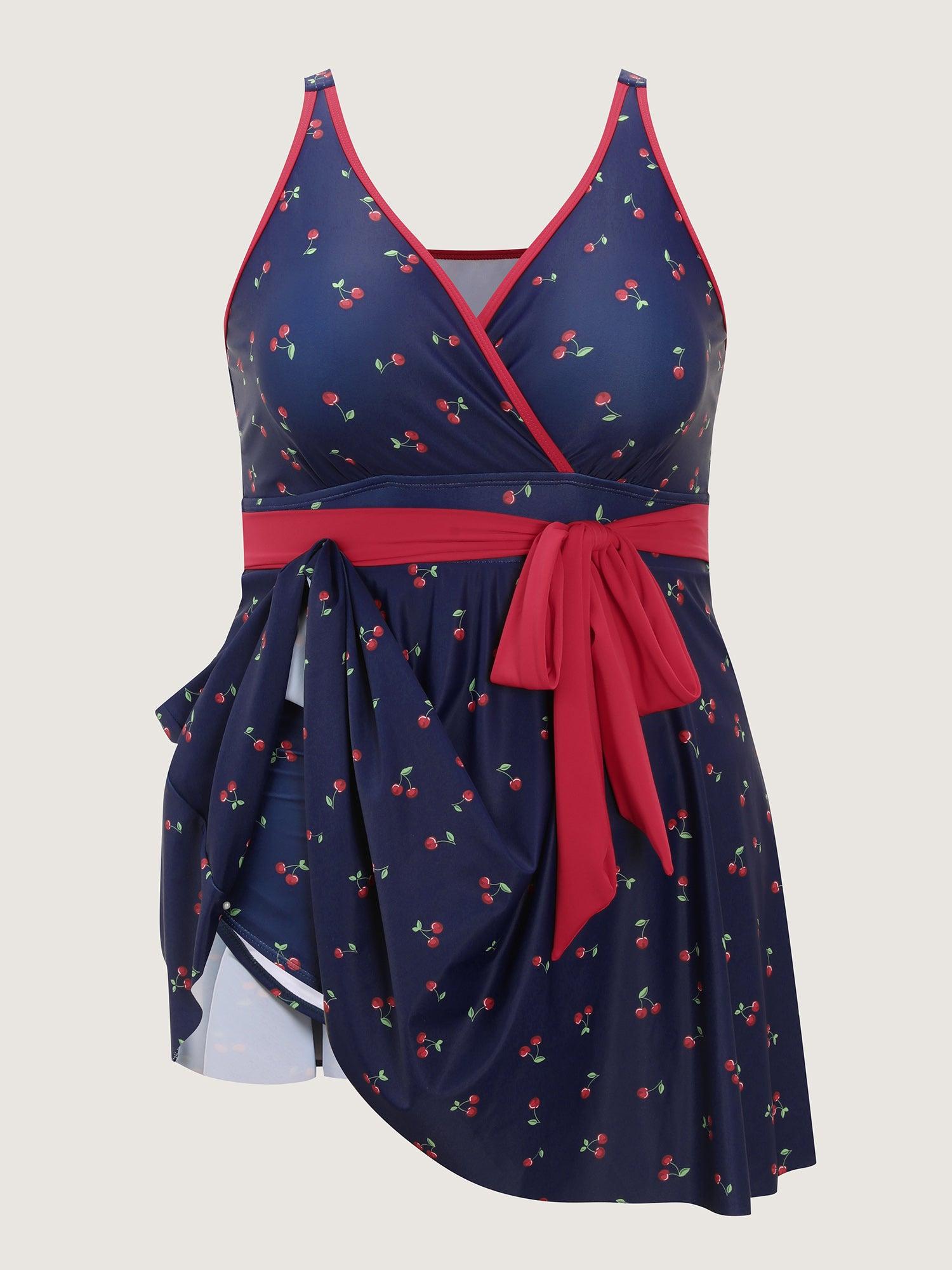 Cherry Print Belted Color Contrast Swim Dress Female Product Image