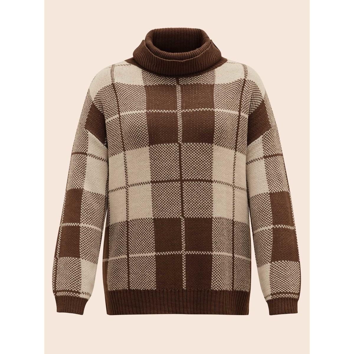 Plus Size Plaid Turtleneck Drop Shoulder Pullover Browncoffeecolor Women Leisure Loose Long Sleeve Turtleneck Casual Pullovers BloomChic 18-20/2X Product Image