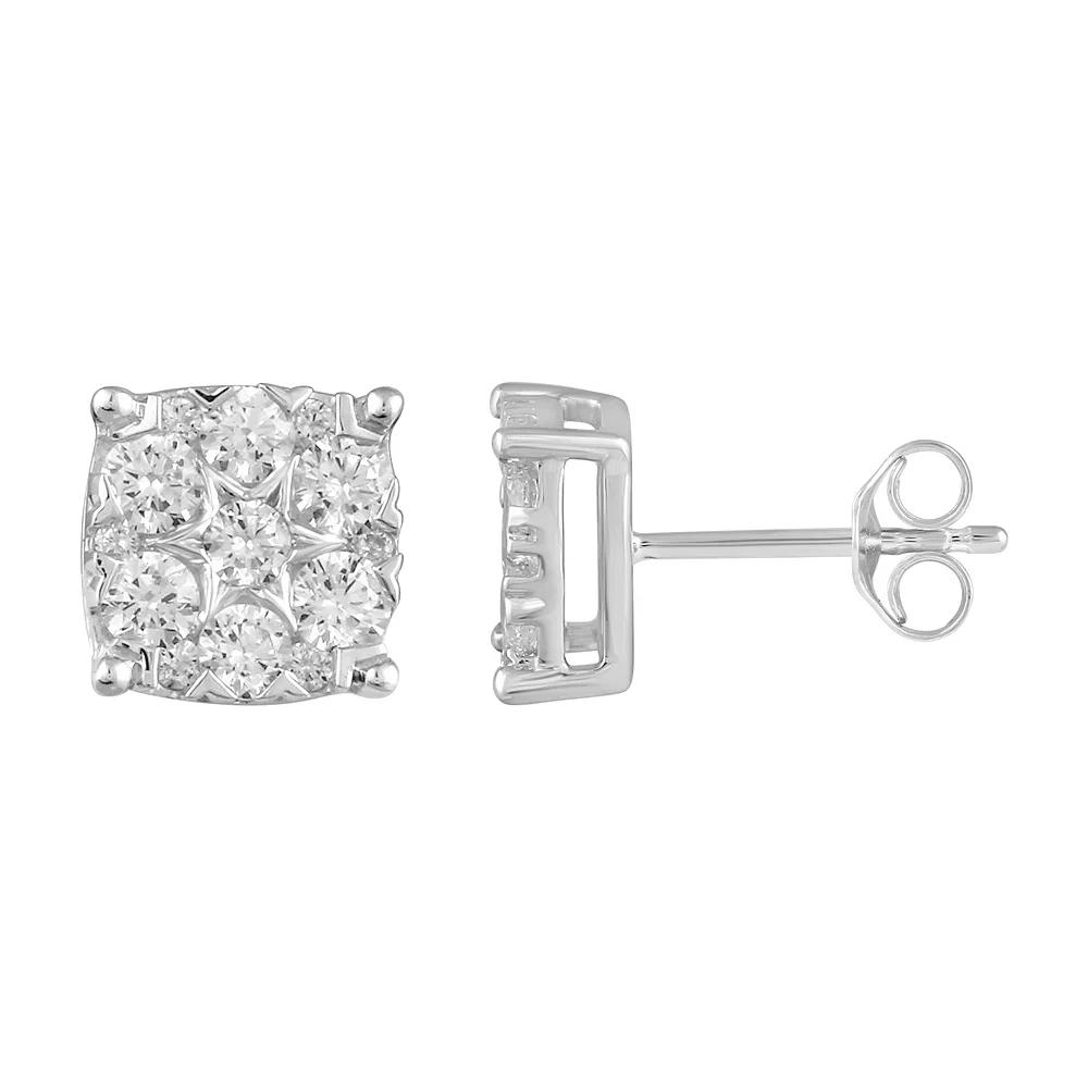 Royal Aura Sterling Silver 1 Carat T.W. Diamond Cluster Square Stud Earrings, Women's Product Image