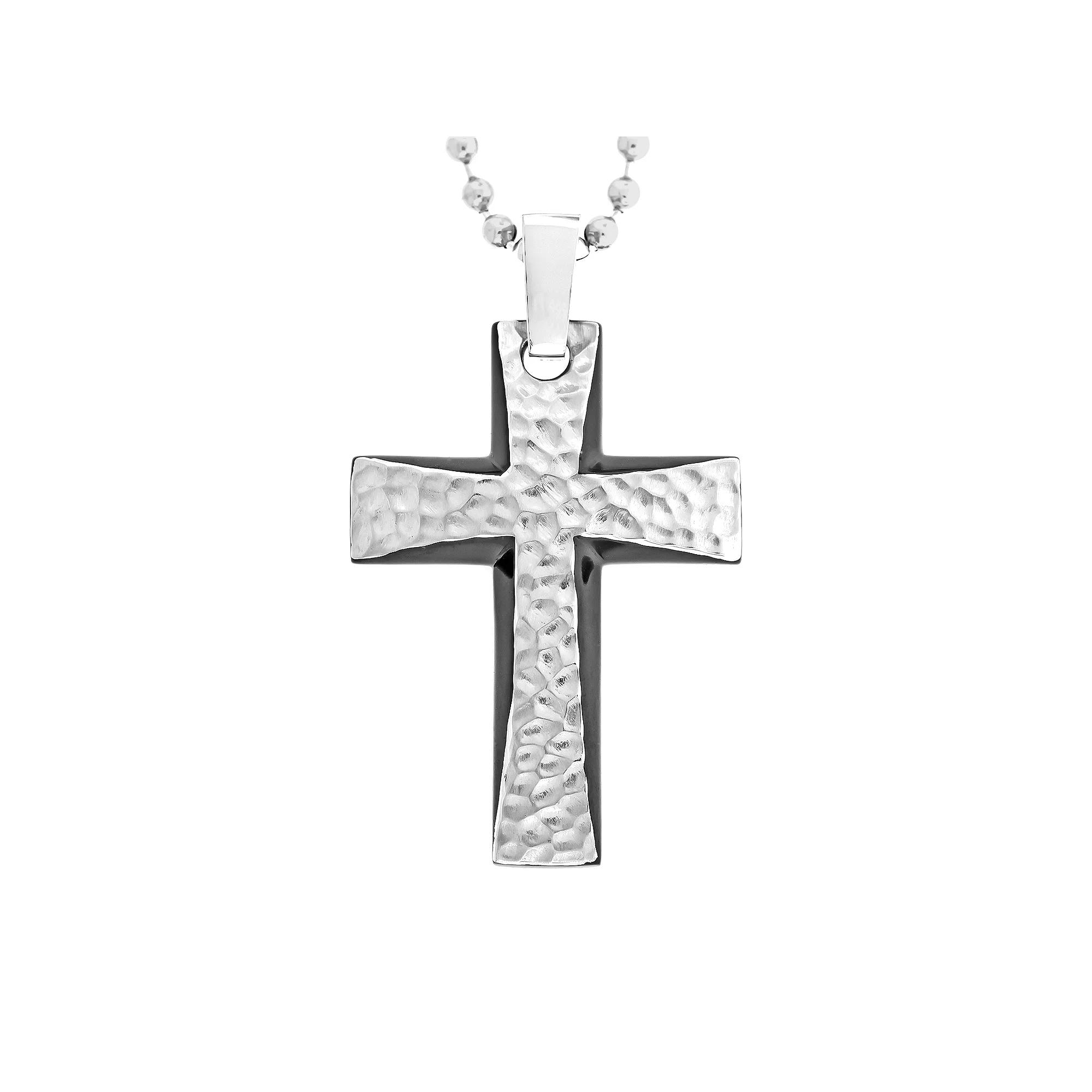LYNX Stainless Steel Black Ion Hammered Cross Pendant - Men, Men's, Size: 22", Silver Product Image