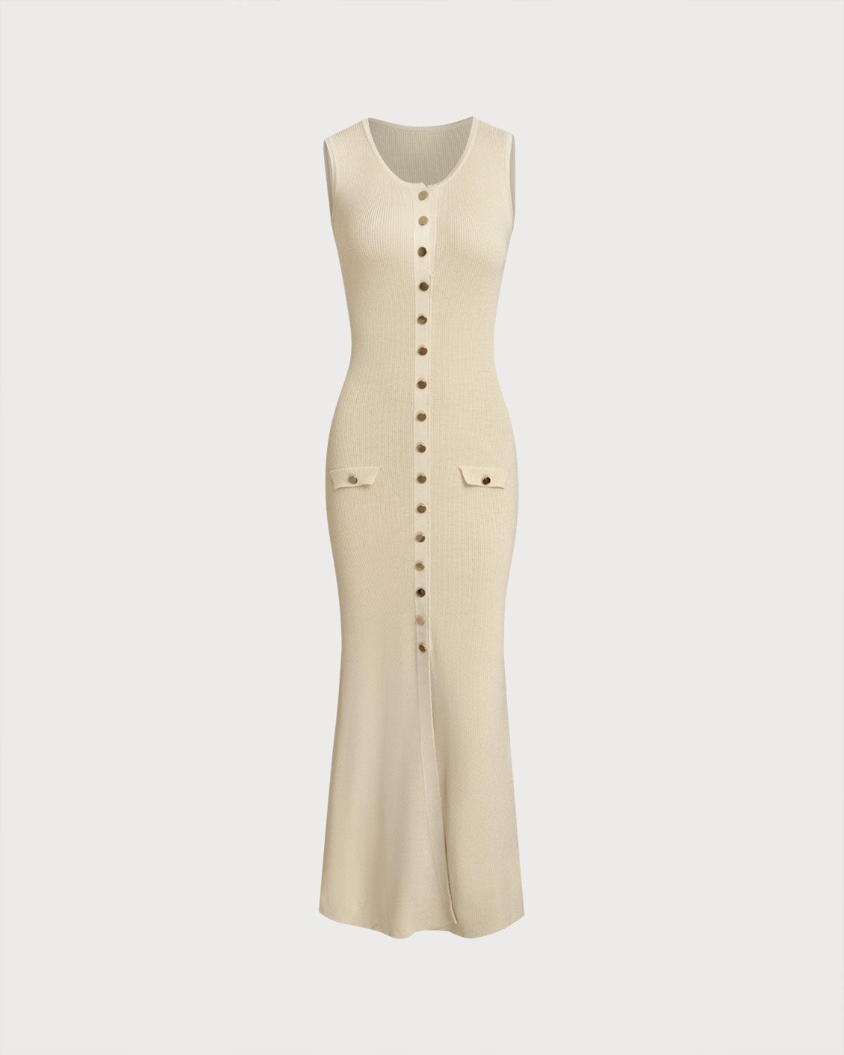 Beige Sleeveless Button Sweater Dress Product Image