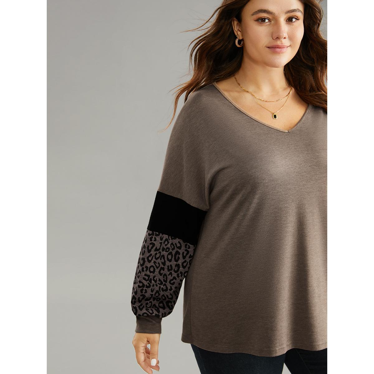 Plus Size Leopard Patchwork Contrast Dolman Sleeve T-shirt LightBrown Women Casual Contrast Leopard V-neck Dailywear T-shirts BloomChic 12/L Product Image