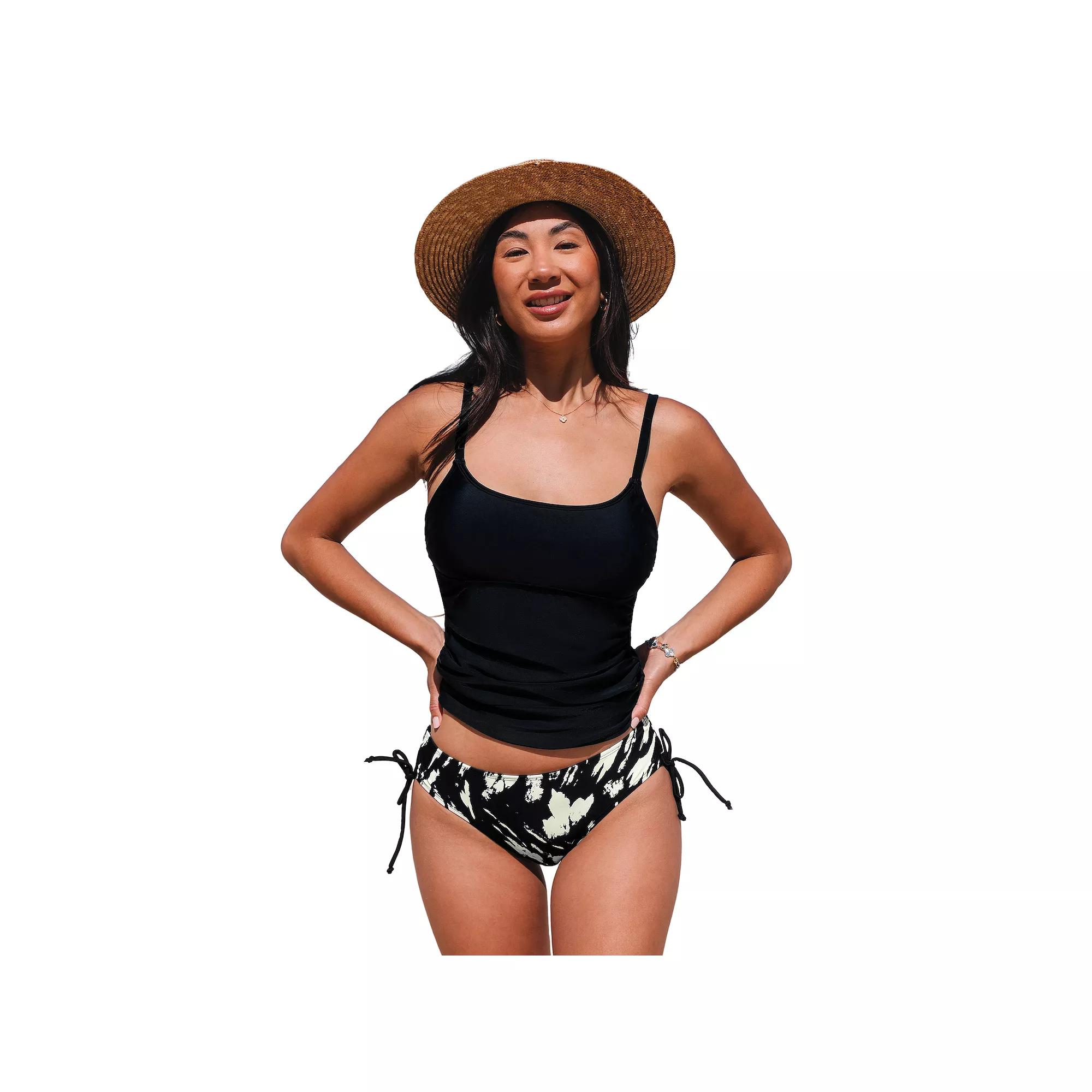 Women's Cupshe 2-pc. Scoop Neck Tankini Swim Top & Swim Bottoms Set, Size: Medium, Black Product Image