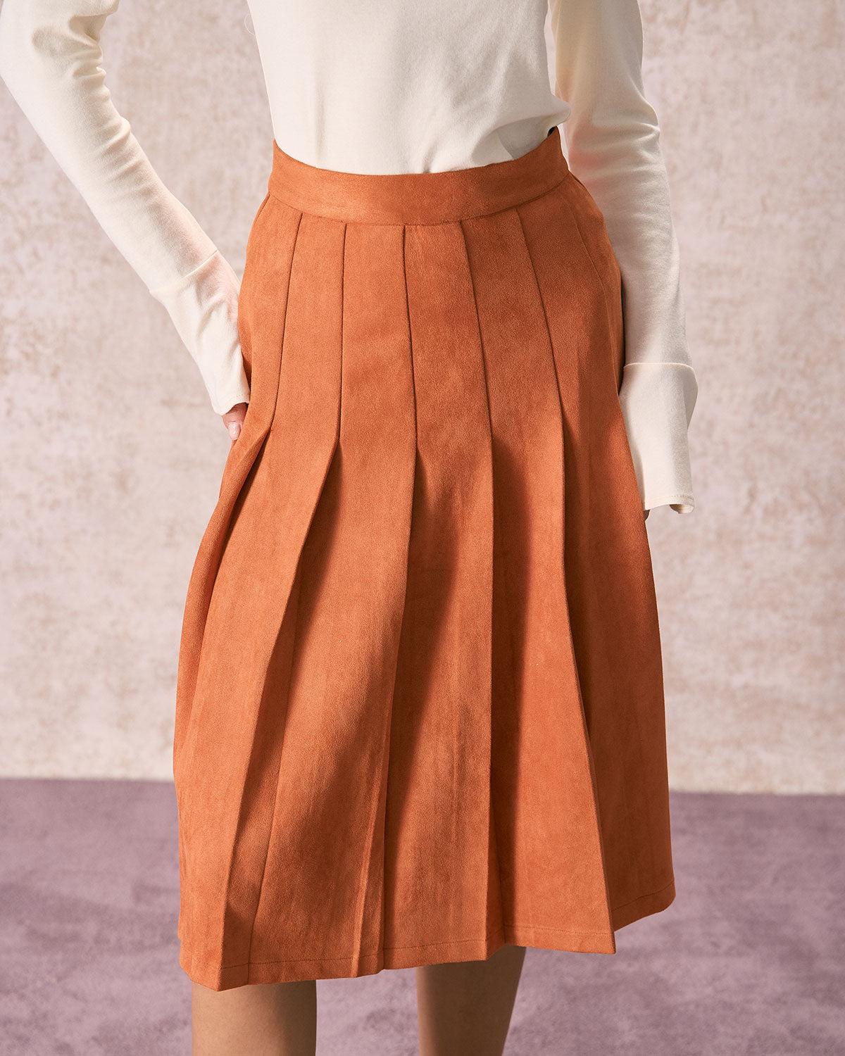 The Orange High Waisted Suede Midi Skirt Product Image