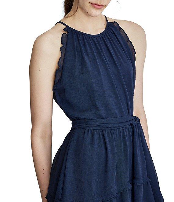 DKNY by Donna Karan Halter Neck Sleeveless Ruffle Tie Belt Mini Dress Product Image