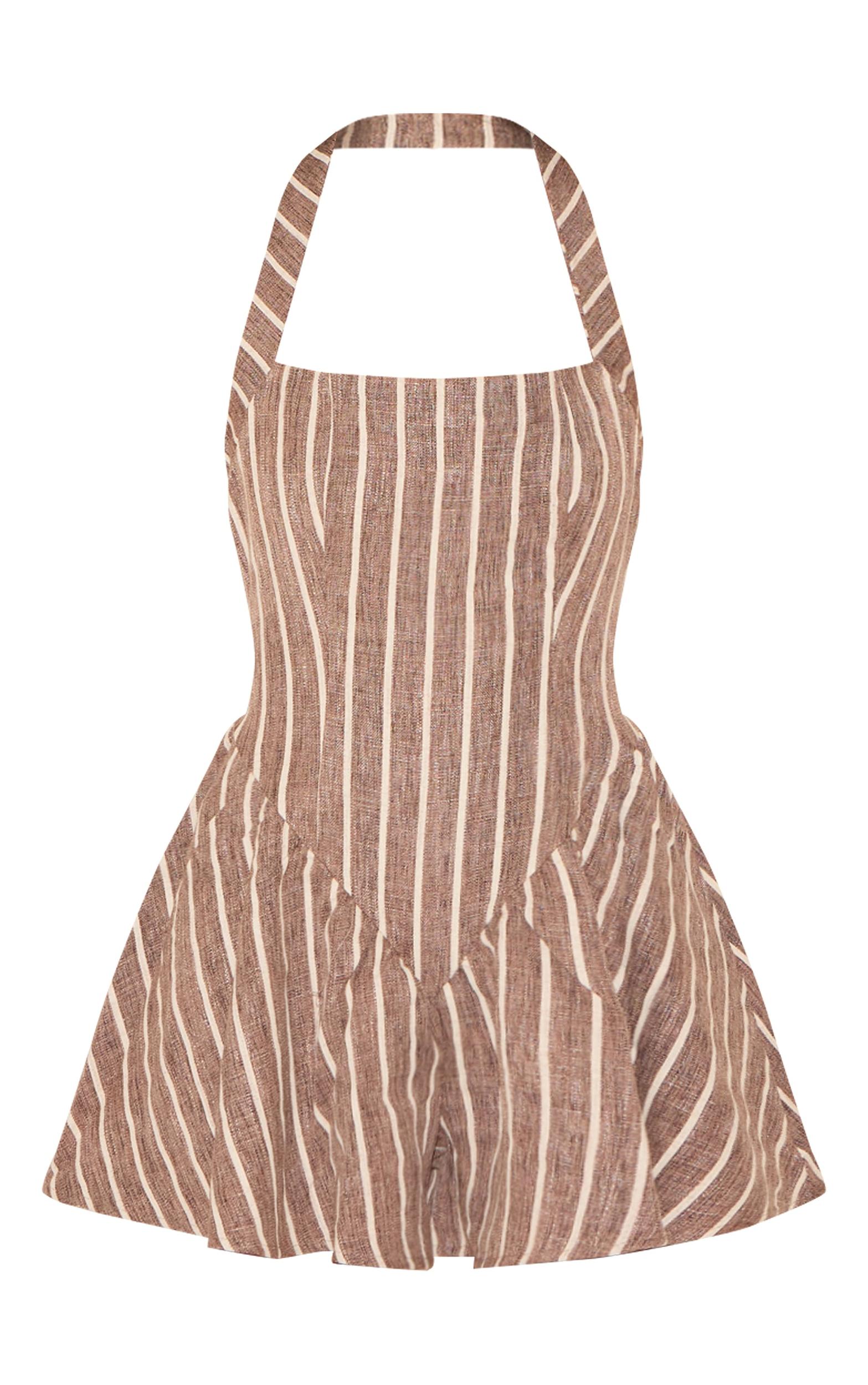 Chocolate Pinstripe Linen Halter Neck Floaty Romper Product Image