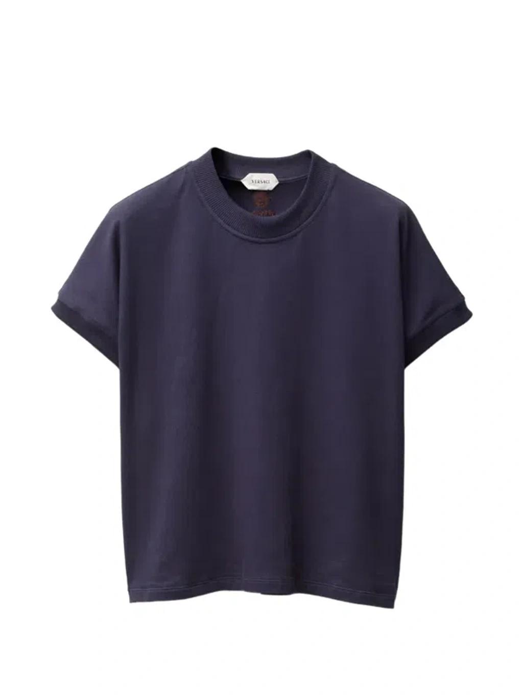 VERSACE Embroidered Stretch Cotton-jersey T-shirt In Blue Product Image