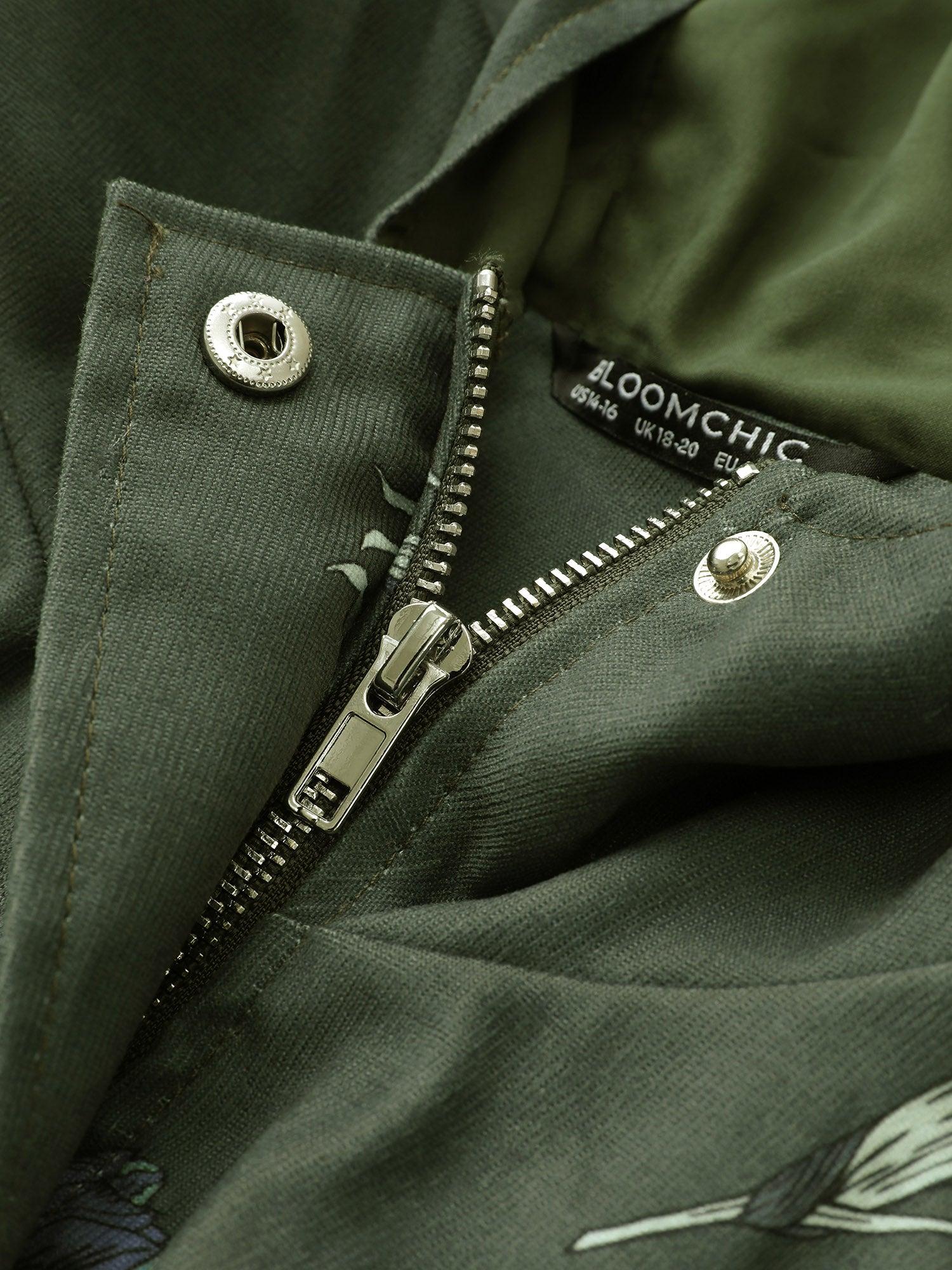 Plants Drawstring Pocket Zipper Hooded Coat Female Product Image