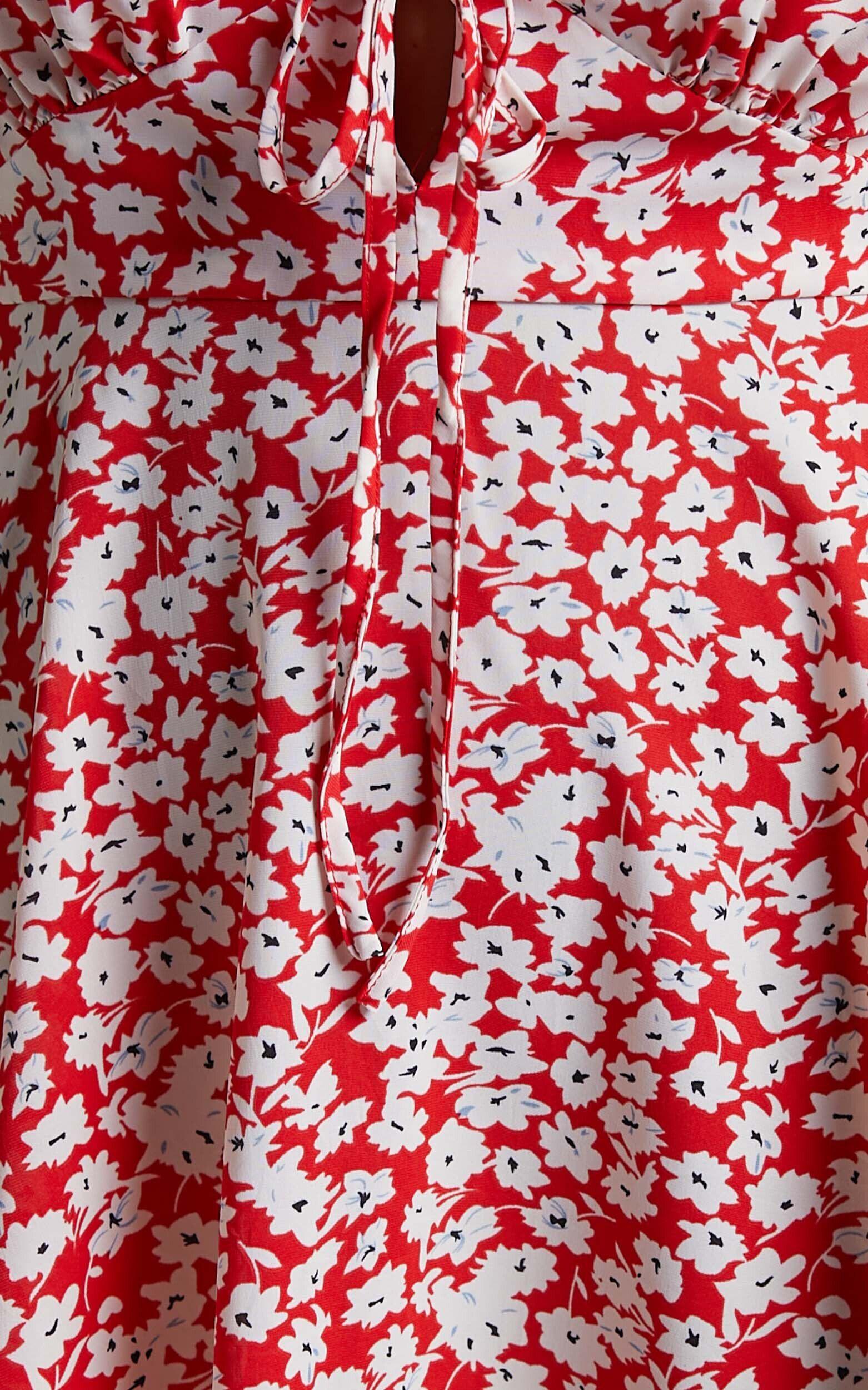 Rosario Mini Dress - Flutter Sleeve V Neck Dress in Red Ditsy Floral Product Image