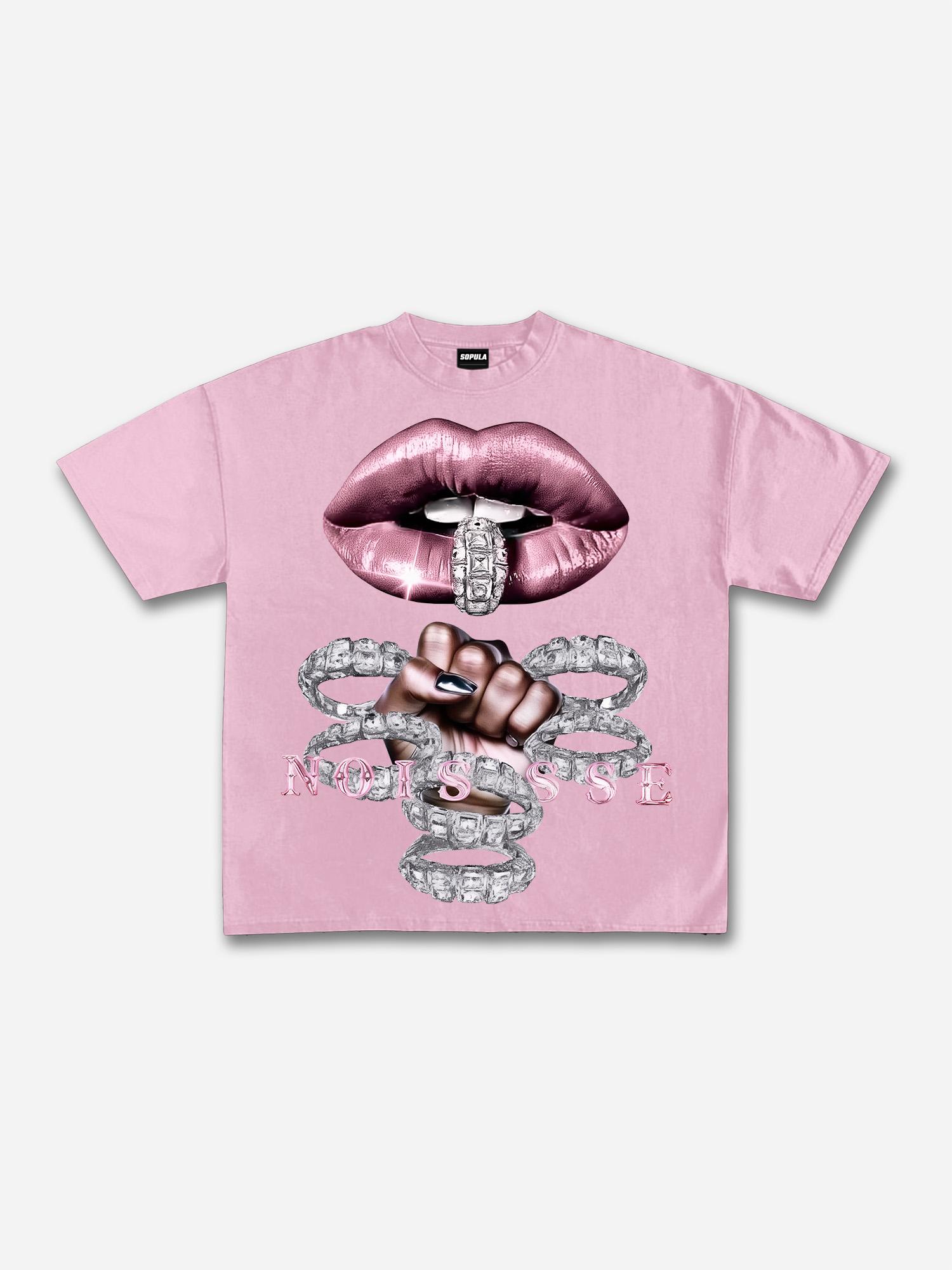 Pink Silver Diamond-rich Printed Cotton T-shirt Product Image