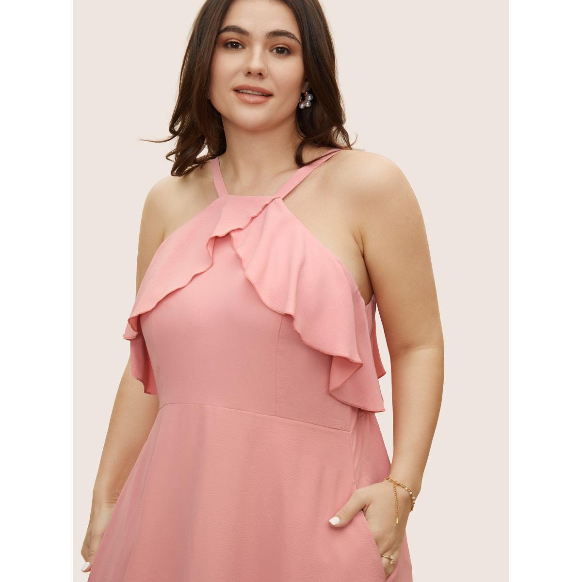 Plus Size Plain Ruffle Trim Pocket Adjustable Straps Dress Watermelon Women Formal Ruffles Non Sleeveless Curvy Midi Dress BloomChic 10/M Product Image