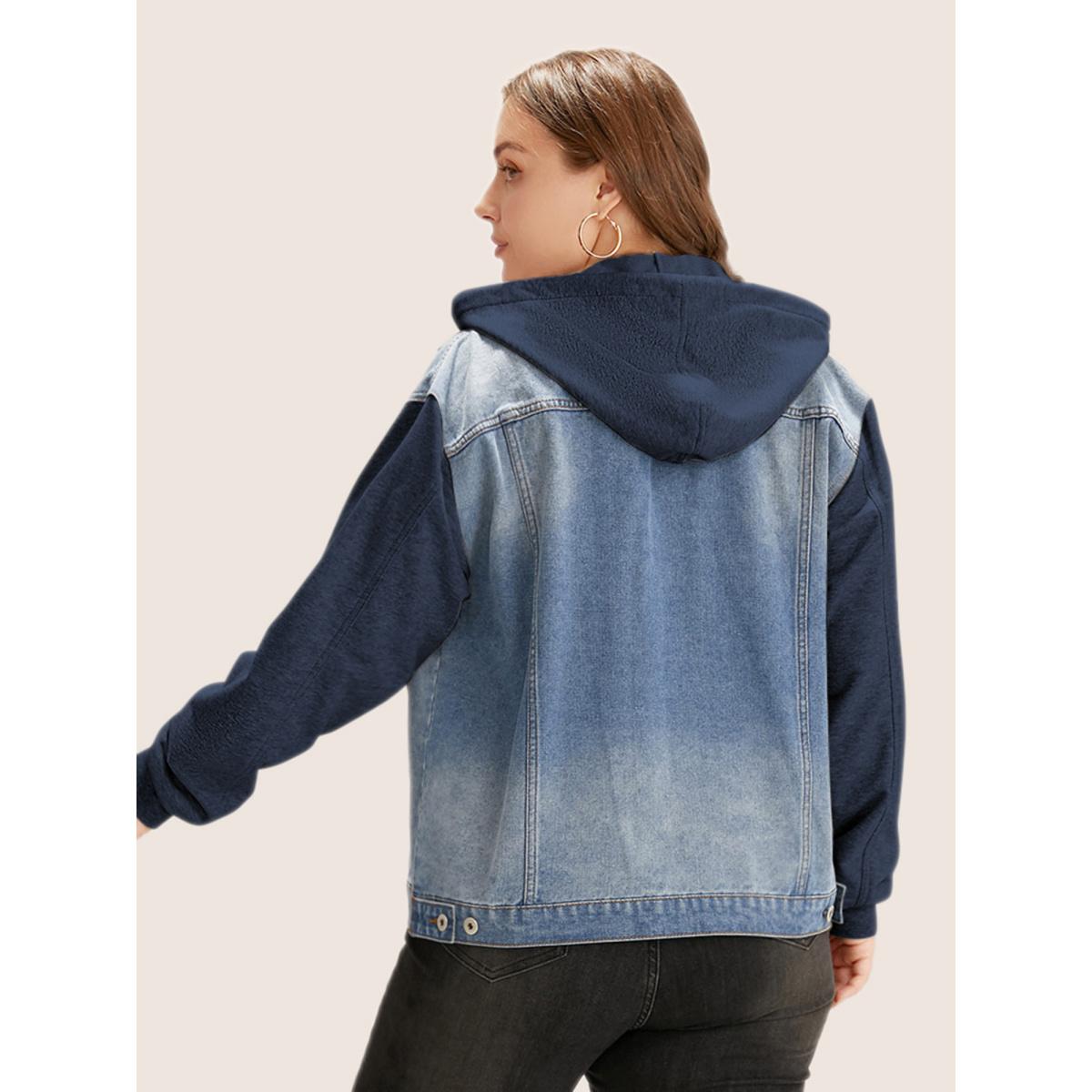 Women Hooded Patchwork Flap Pocket Denim Jacket Indigo Plus Size Plain Contrast Casual Slanted pocket Leisure Denim Jackets BloomChic 10/M Product Image