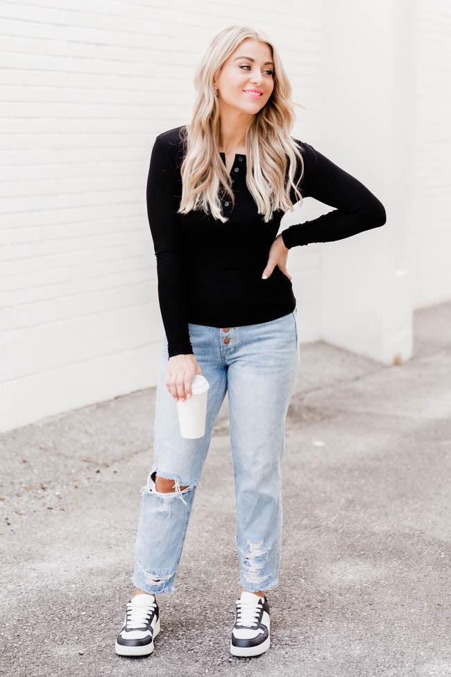 All The Better Black Ribbed Knit Henley Long Sleeve Tee FINAL SALE Product Image