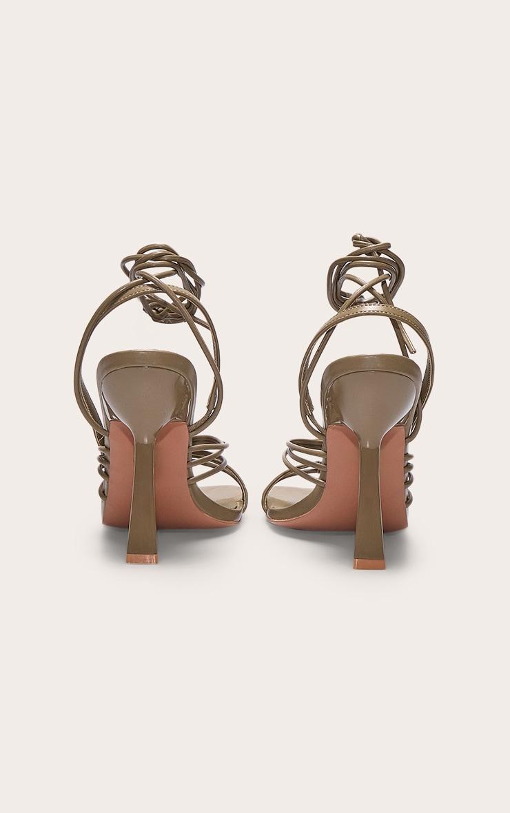 Olive Pu Square Toe Asymmetric Strappy Lace Up High Heeled Sandals Product Image