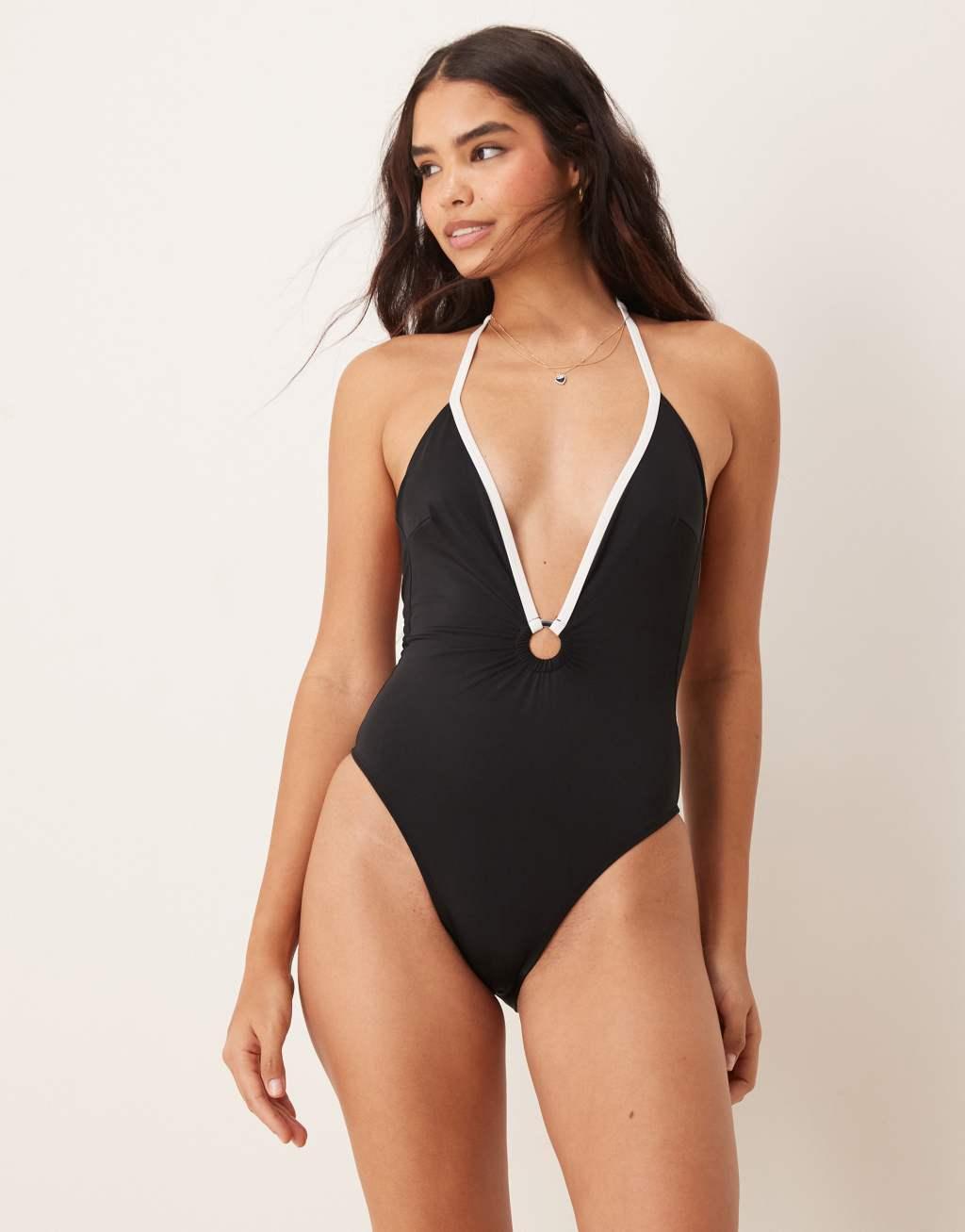Free Society plunge contrast swimsuit in black and white Product Image