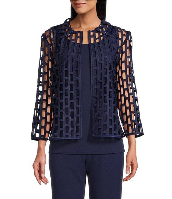 Ming Wang Novelty Woven Square Geo Cutout Spread Collar 3/4 Sleeve Jacket Product Image