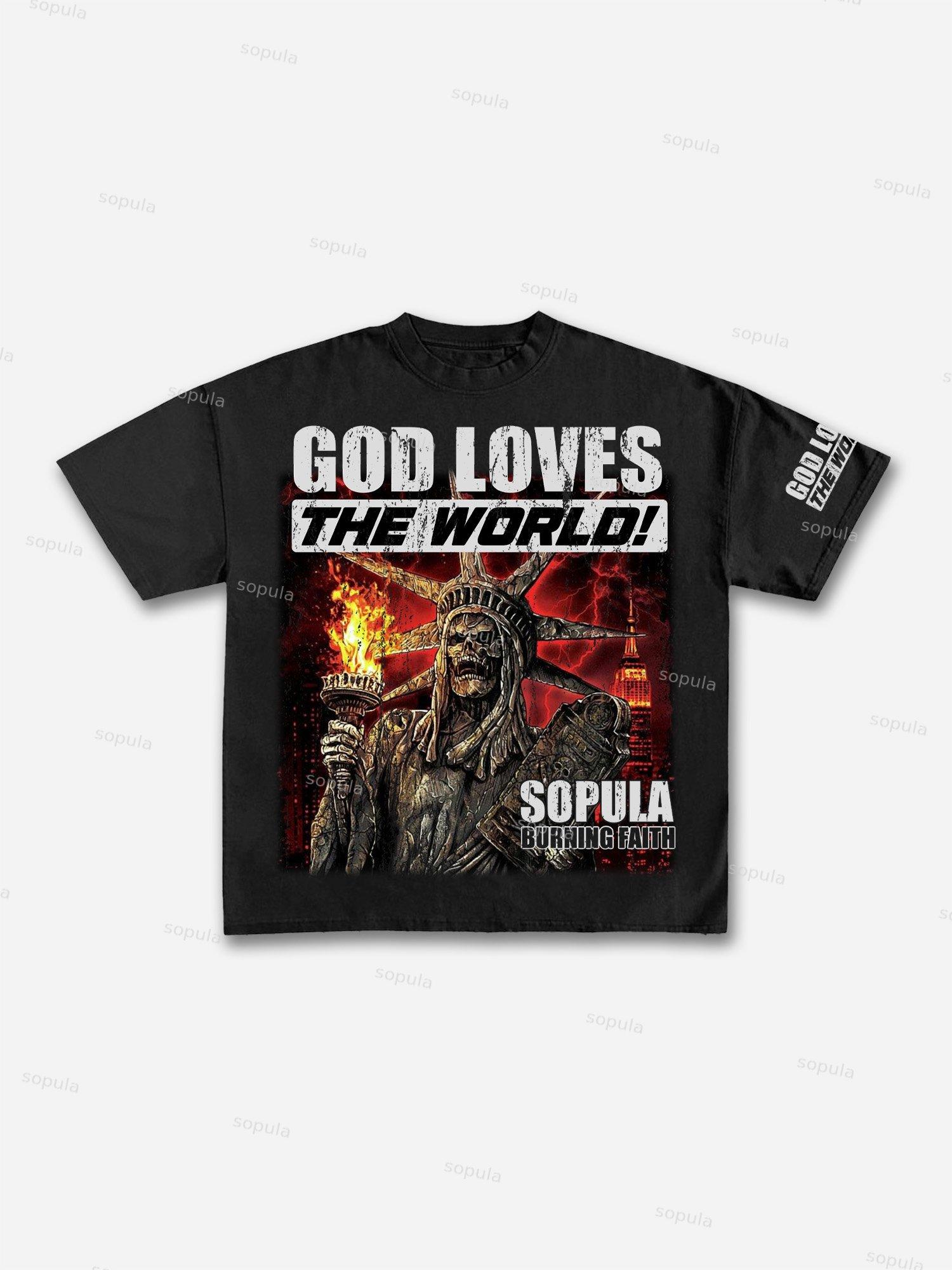 Men's God Loves The World Vintage Graphic Cotton T-Shirt Product Image