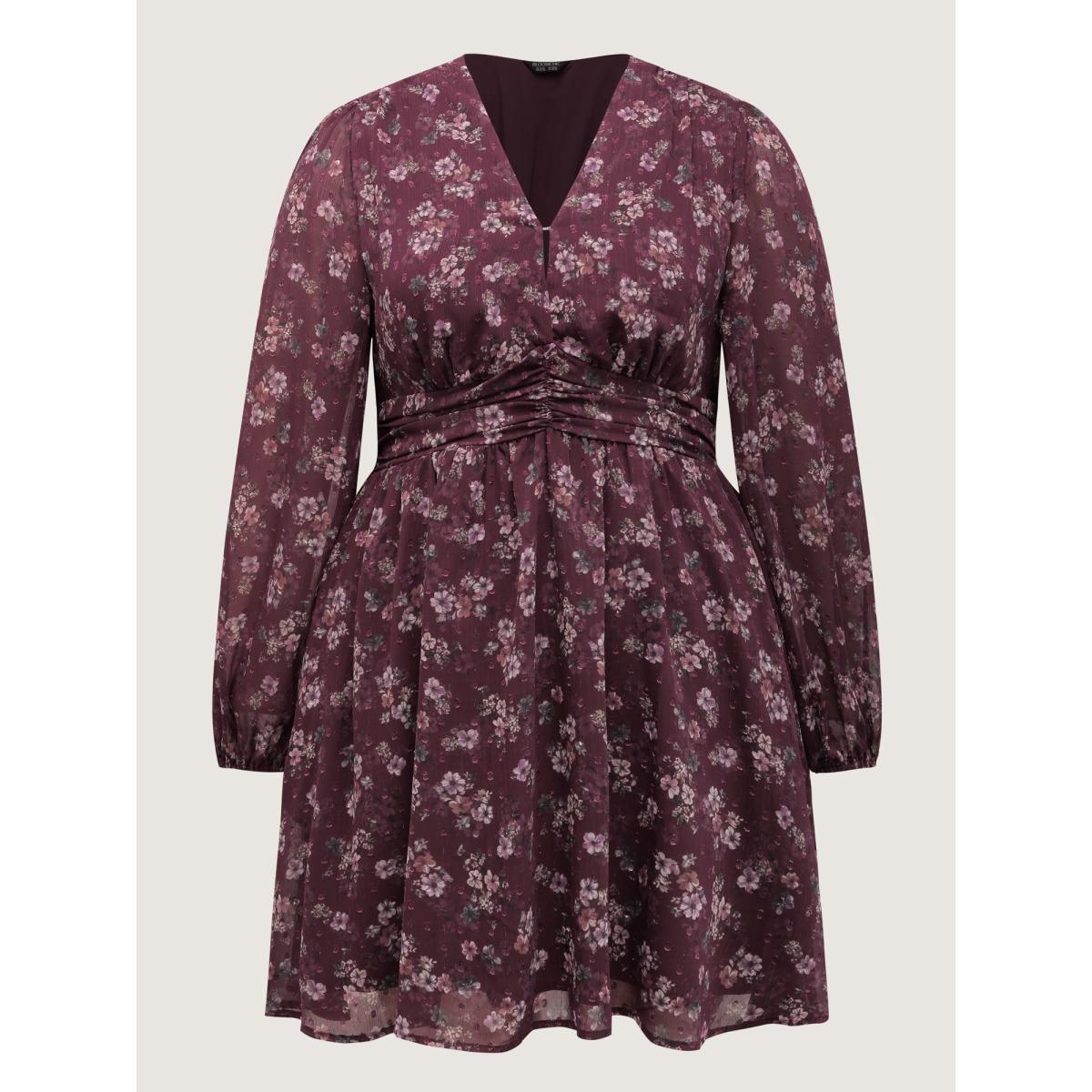 Plus Size Floral Print Pleated Waist Mini Dress Burgundy Women Romantic Ruffles Deep V-neck Long Sleeve Curvy BloomChic 14-16/1X Product Image